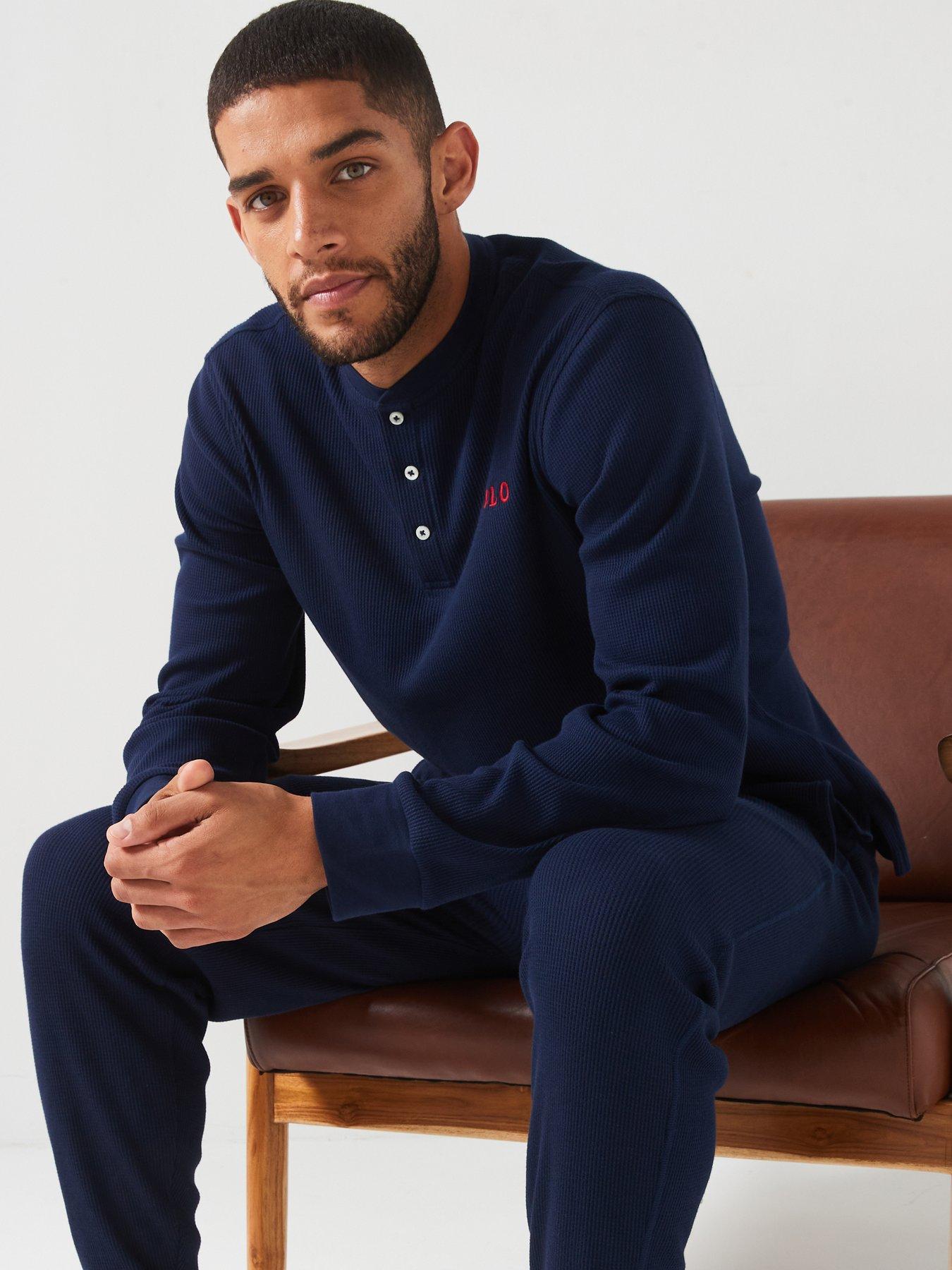 Polo Ralph Lauren Waffle Henley Long Sleeve Loungewear Top Navy
