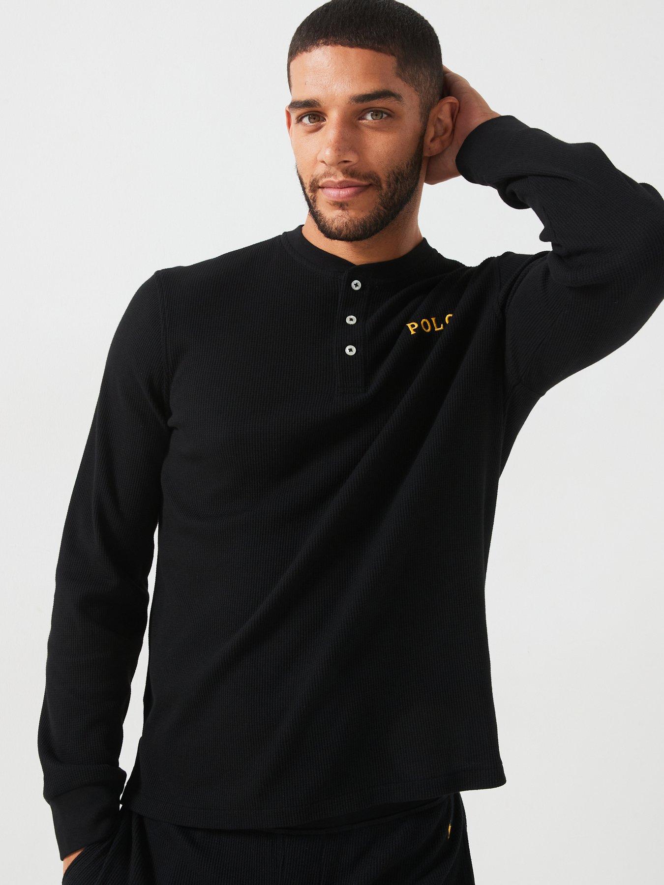 polo ralph lauren waffle henley long sleeve loungewear top - black