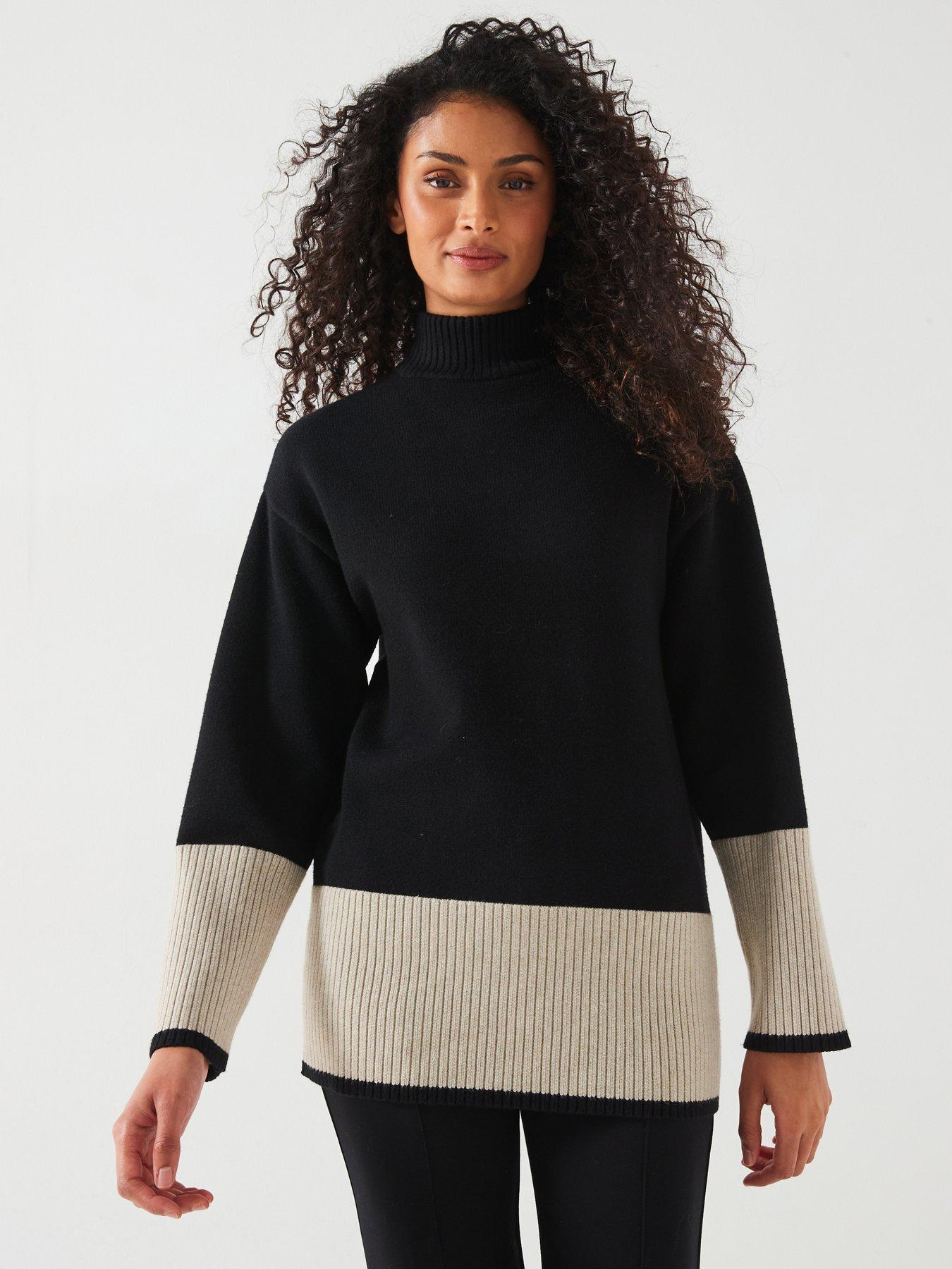undefined Funnel Neck Colour Block Jumper - Black