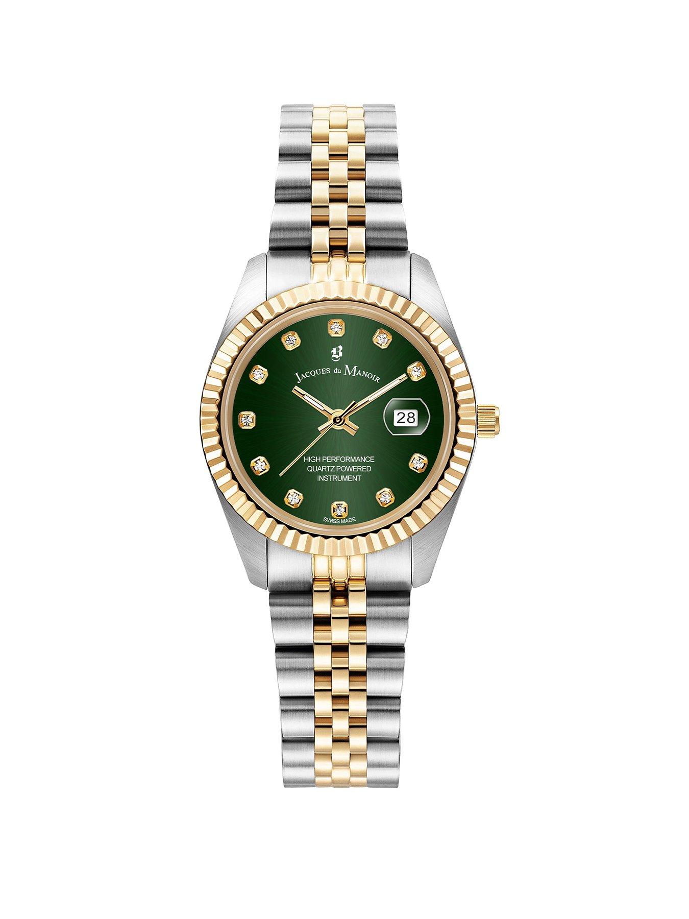 Product photograph of Jacques Du Manoir Swiss-made Ladies Inspiration Green Silver-gold Plated Bracelet Watch from very.co.uk