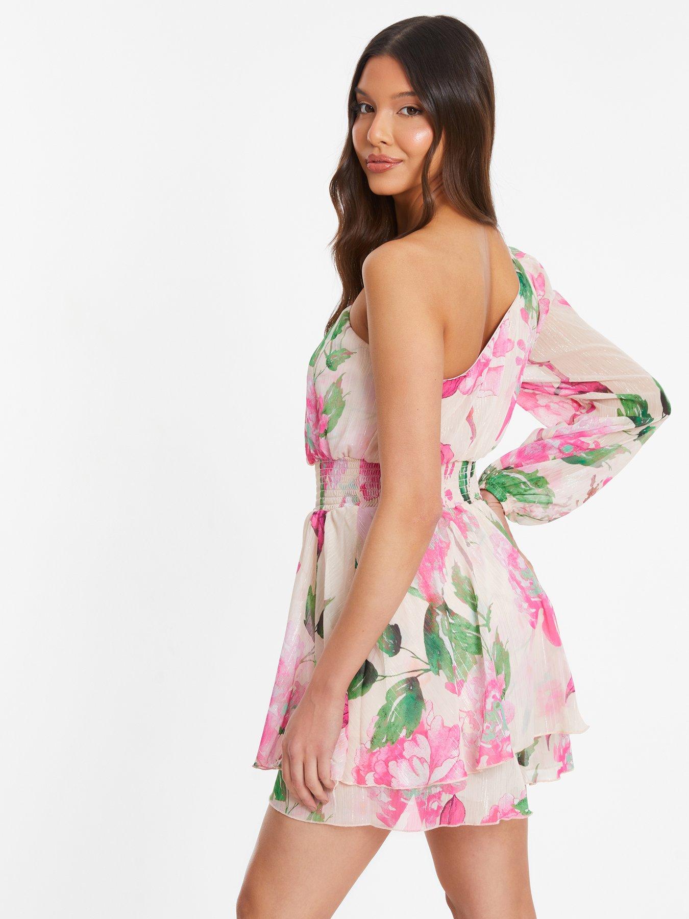Image 2 of 6 of Quiz Nude Floral One Shoulder Chiffon Playsuit