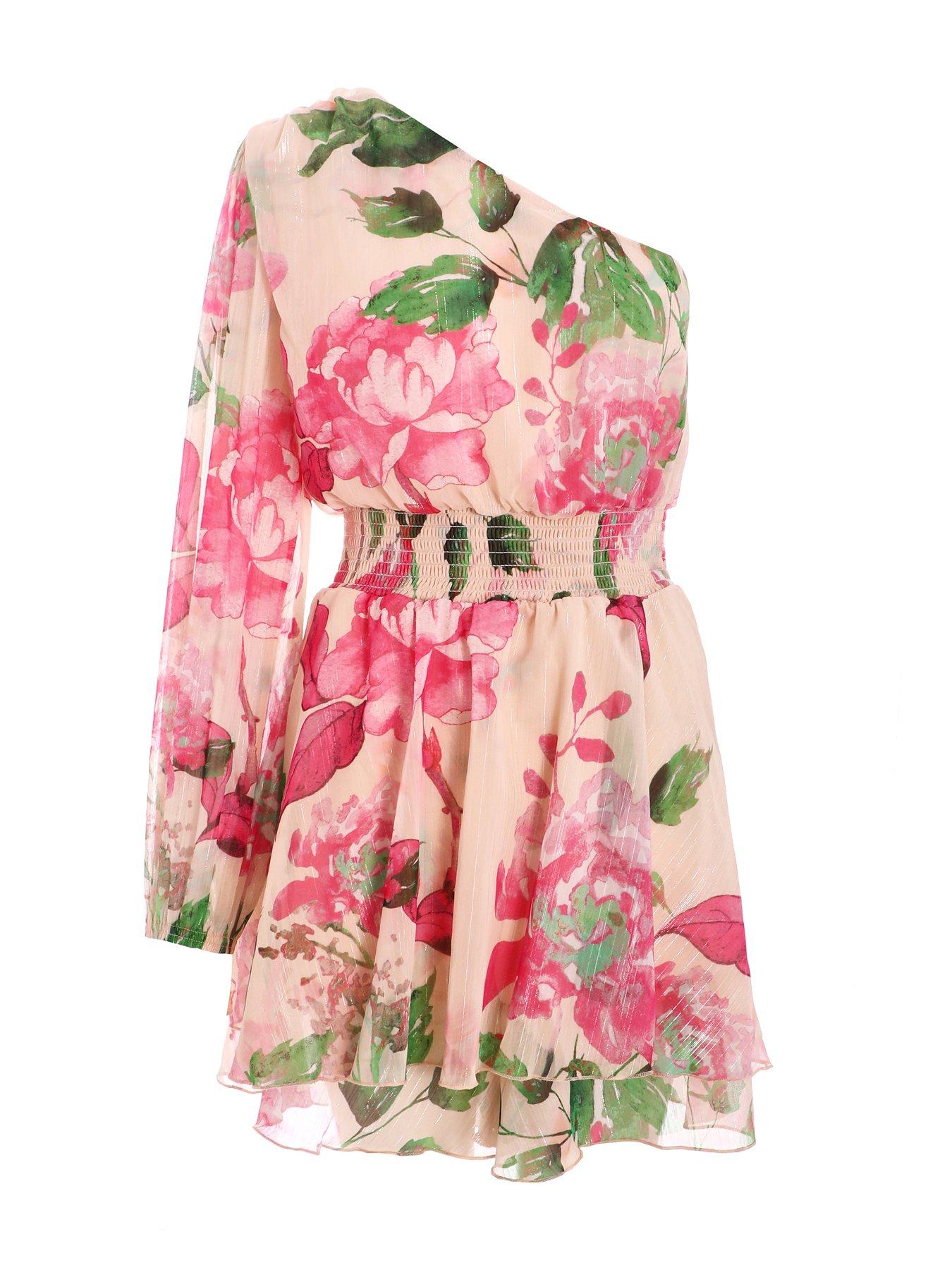 Image 4 of 6 of Quiz Nude Floral One Shoulder Chiffon Playsuit