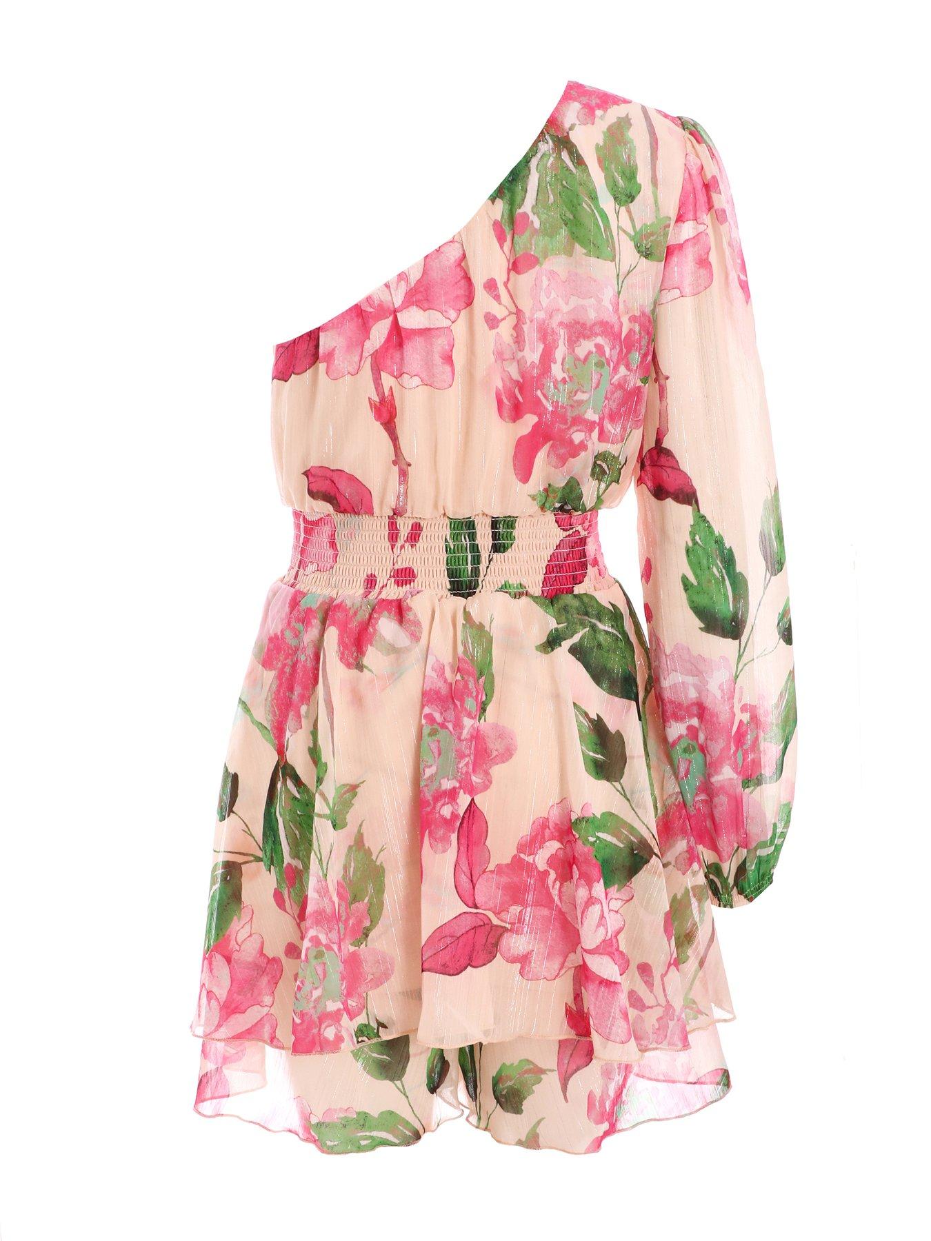 Image 5 of 6 of Quiz Nude Floral One Shoulder Chiffon Playsuit