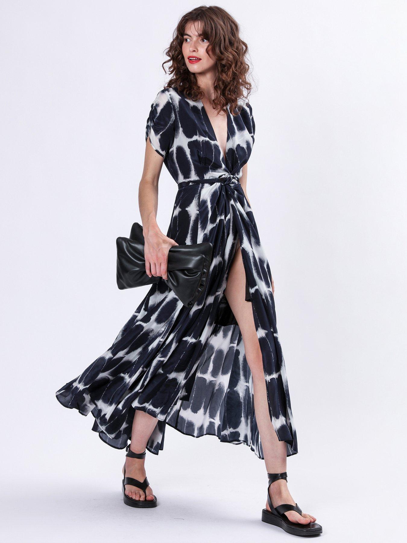 Religion Tie Dye Print Cupro Wrap Maxi Dress with Full Skirt Navy