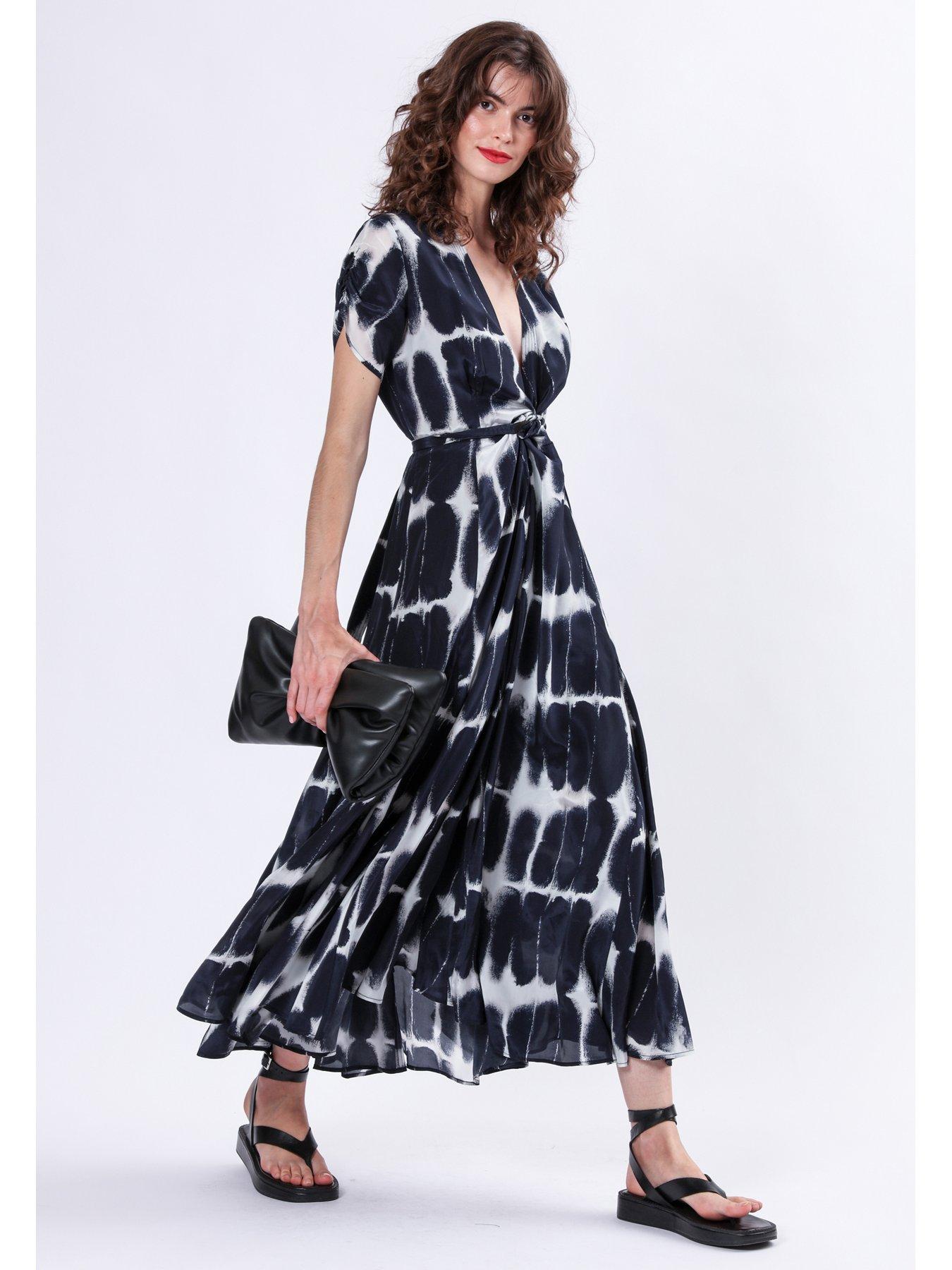 Religion Tie Dye Print Cupro Wrap Maxi Dress with Full Skirt Navy