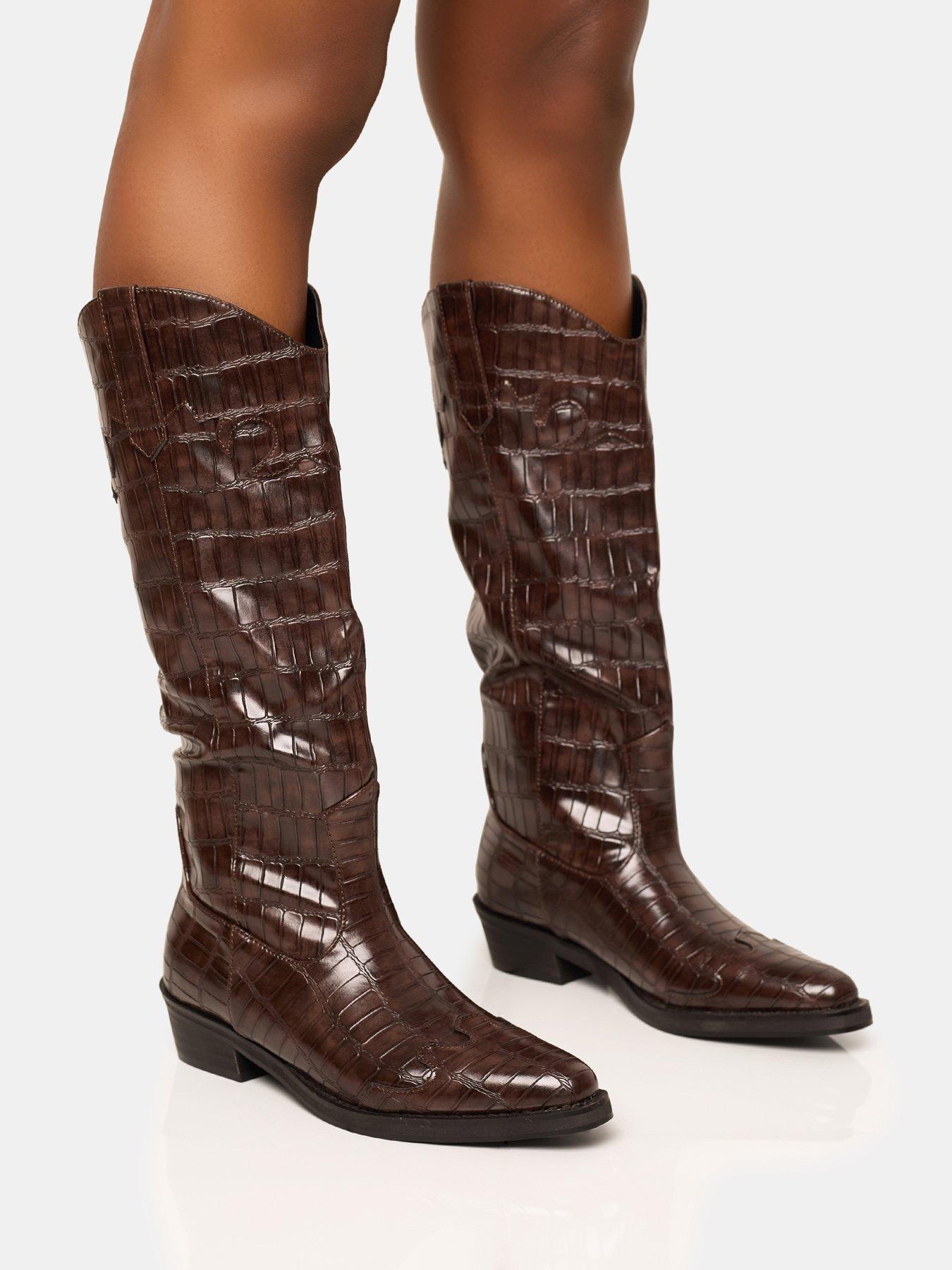 Public Desire Apollo Western Knee High Croc Boot - Brown