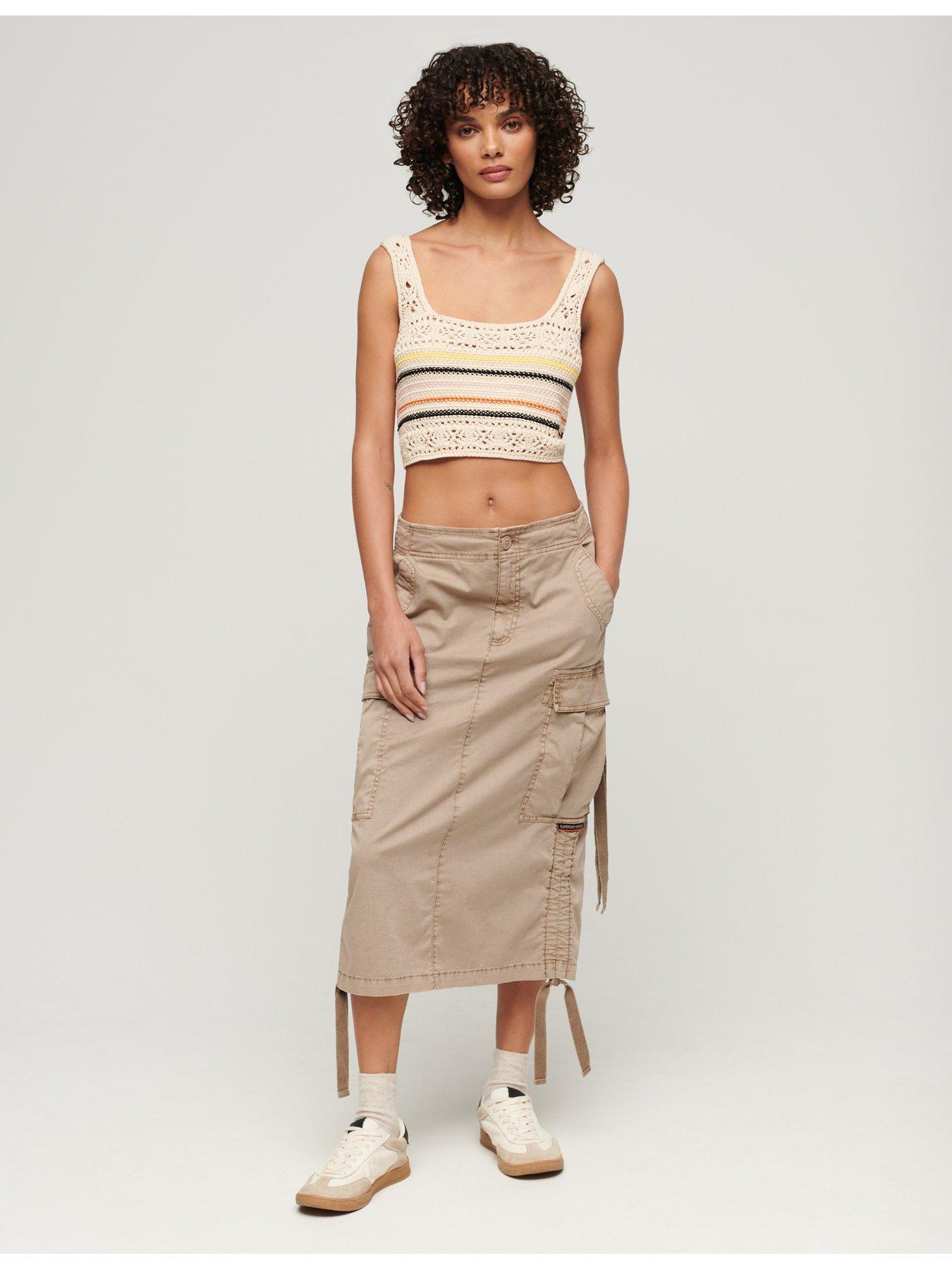 Image 3 of 4 of Superdry Lace-up Crochet Cropped Vest Top - Beige