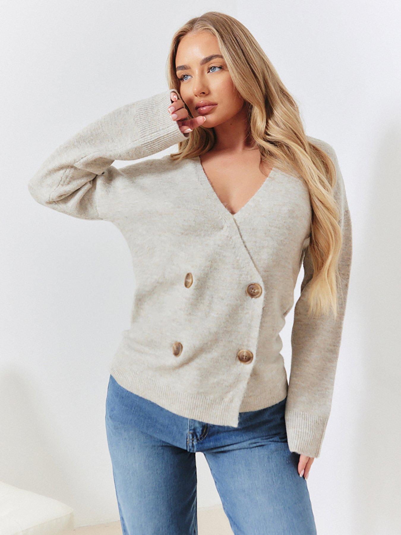 undefined Perrie Sian Double Breasted Knit Cardigan - Oatmeal