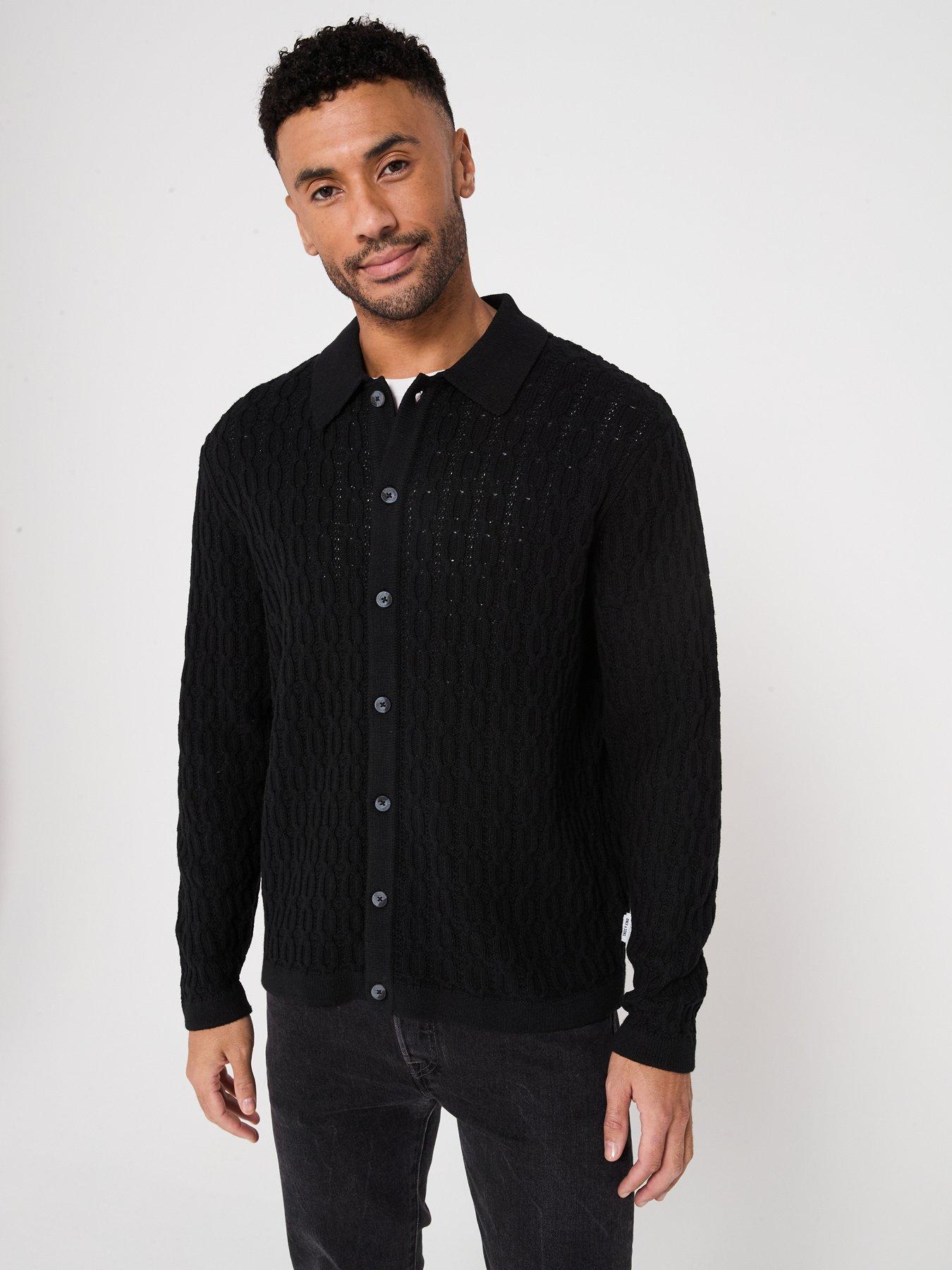 undefined Long Sleeve Cable Texture Knitted Polo Shirt - Black