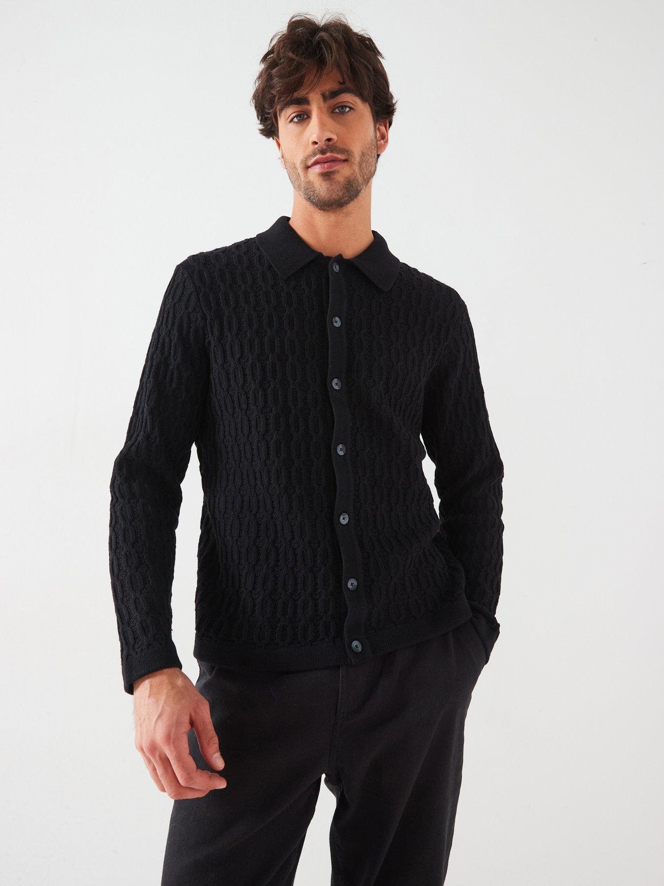 undefined Long Sleeve Cable Texture Knitted Polo Shirt - Black