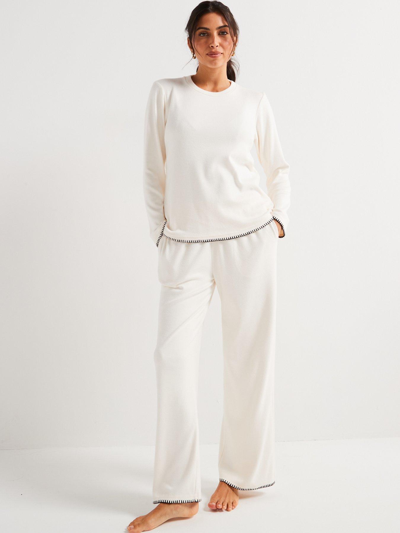 undefined Stitch Detail Sweat And Wide Leg Loungewear Set - Cream