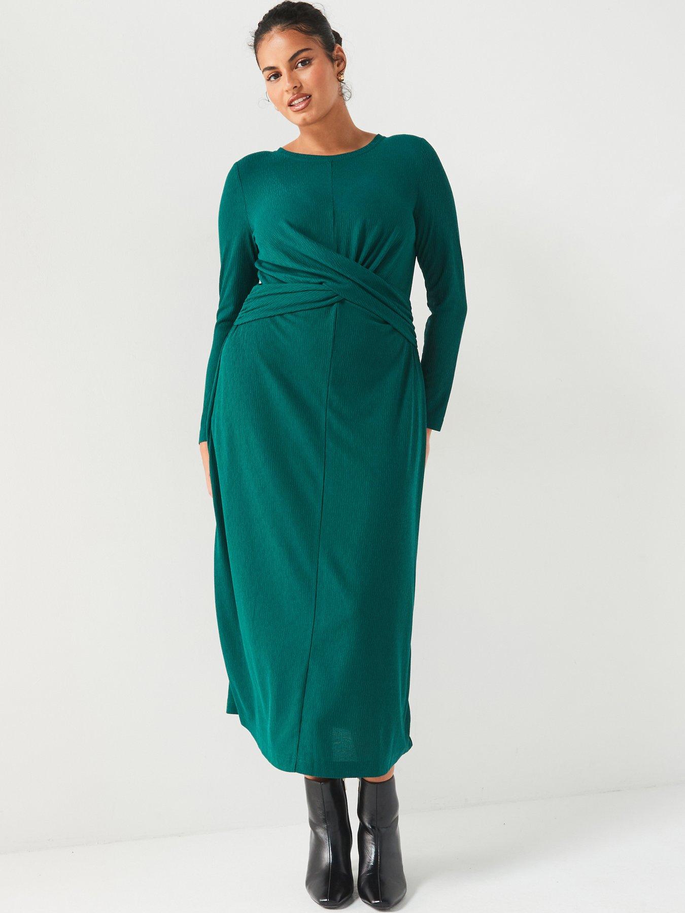 undefined Stretch Wrap Detail Long Sleeve Dress - Green