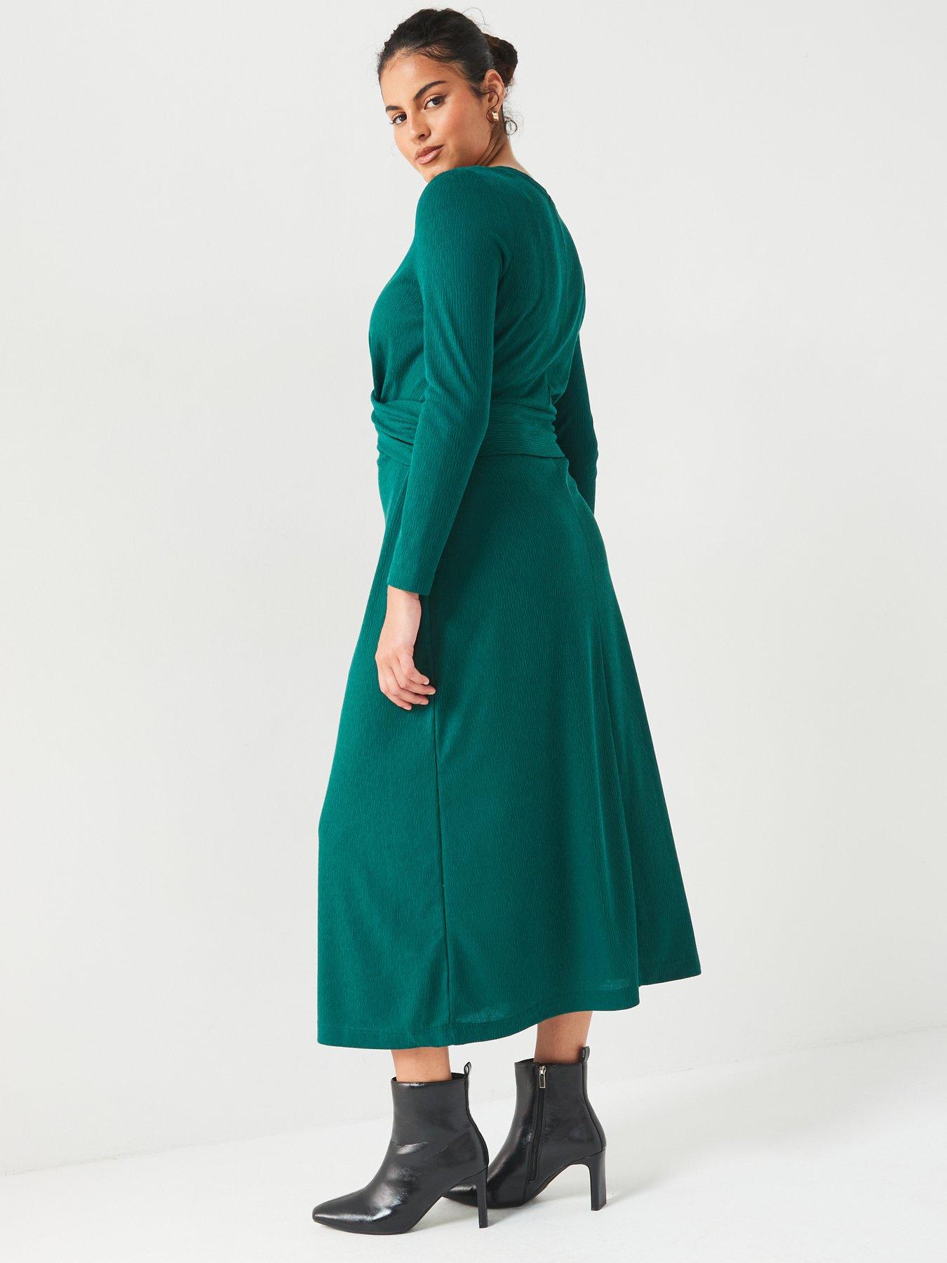 Image 2 of 5 of V by Very Curve Stretch Wrap Detail Long Sleeve Dress - Green