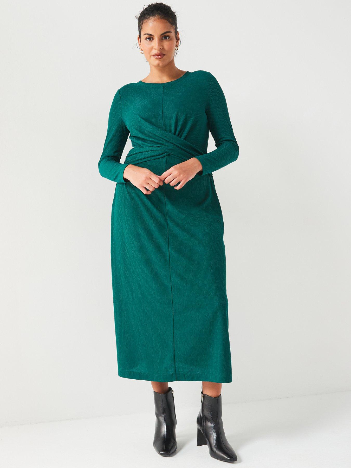 Image 3 of 5 of V by Very Curve Stretch Wrap Detail Long Sleeve Dress - Green