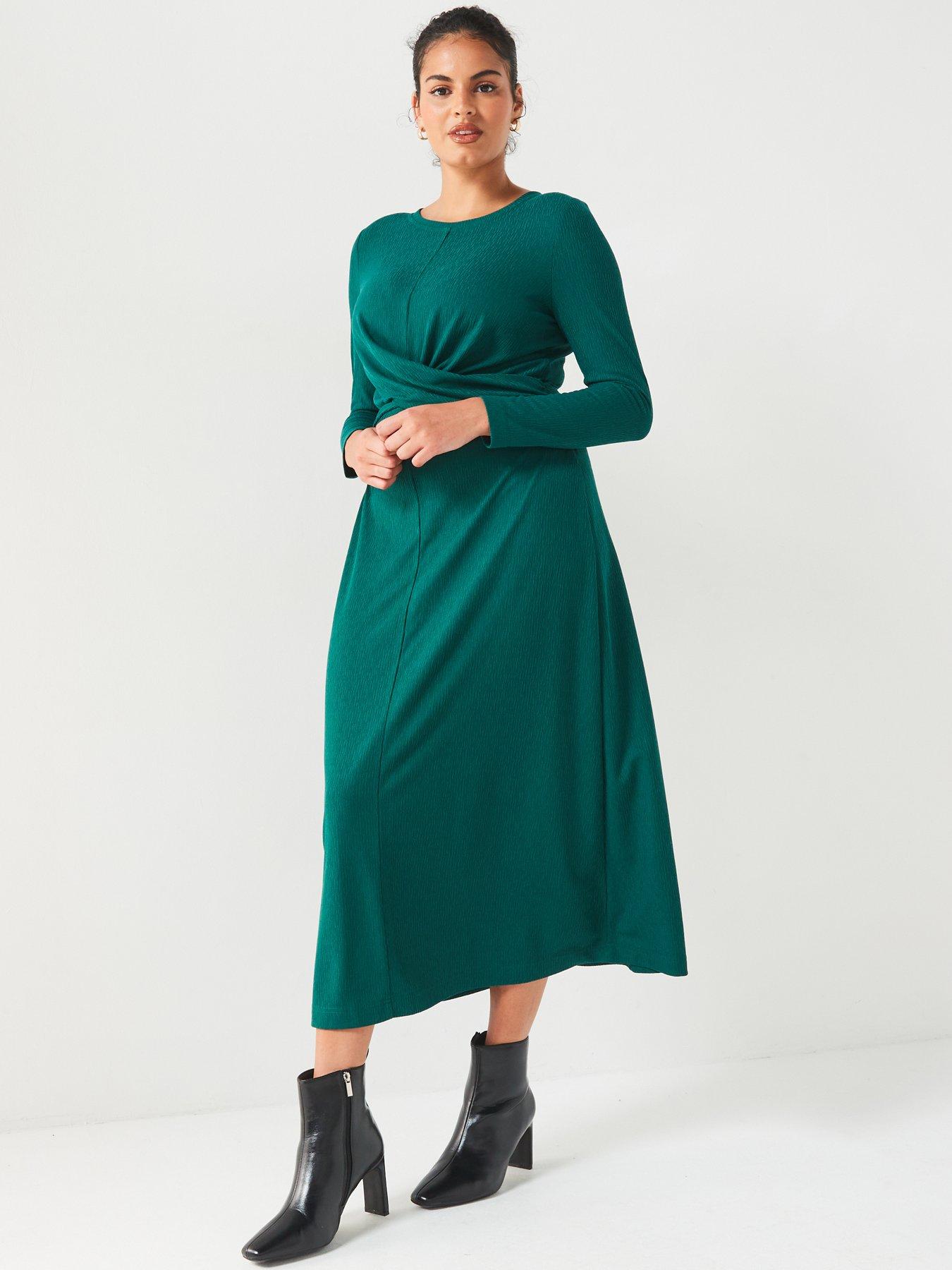 Image 4 of 5 of V by Very Curve Stretch Wrap Detail Long Sleeve Dress - Green