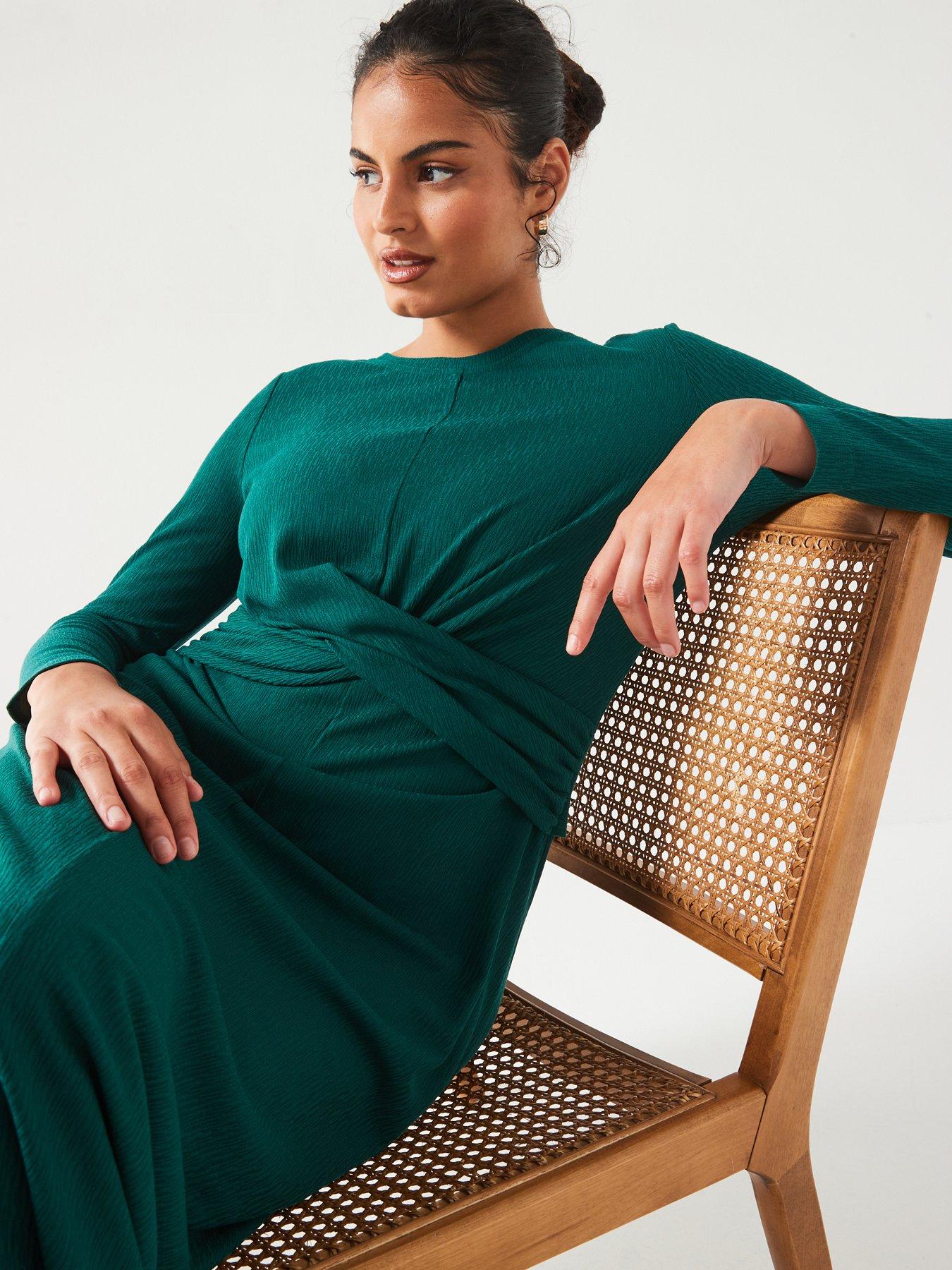 Image 5 of 5 of V by Very Curve Stretch Wrap Detail Long Sleeve Dress - Green