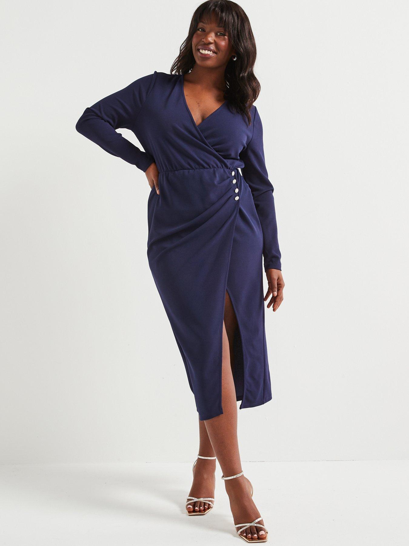Image 1 of 4 of V by Very Curve Shaping Button Detail Wrap Dress - Blue