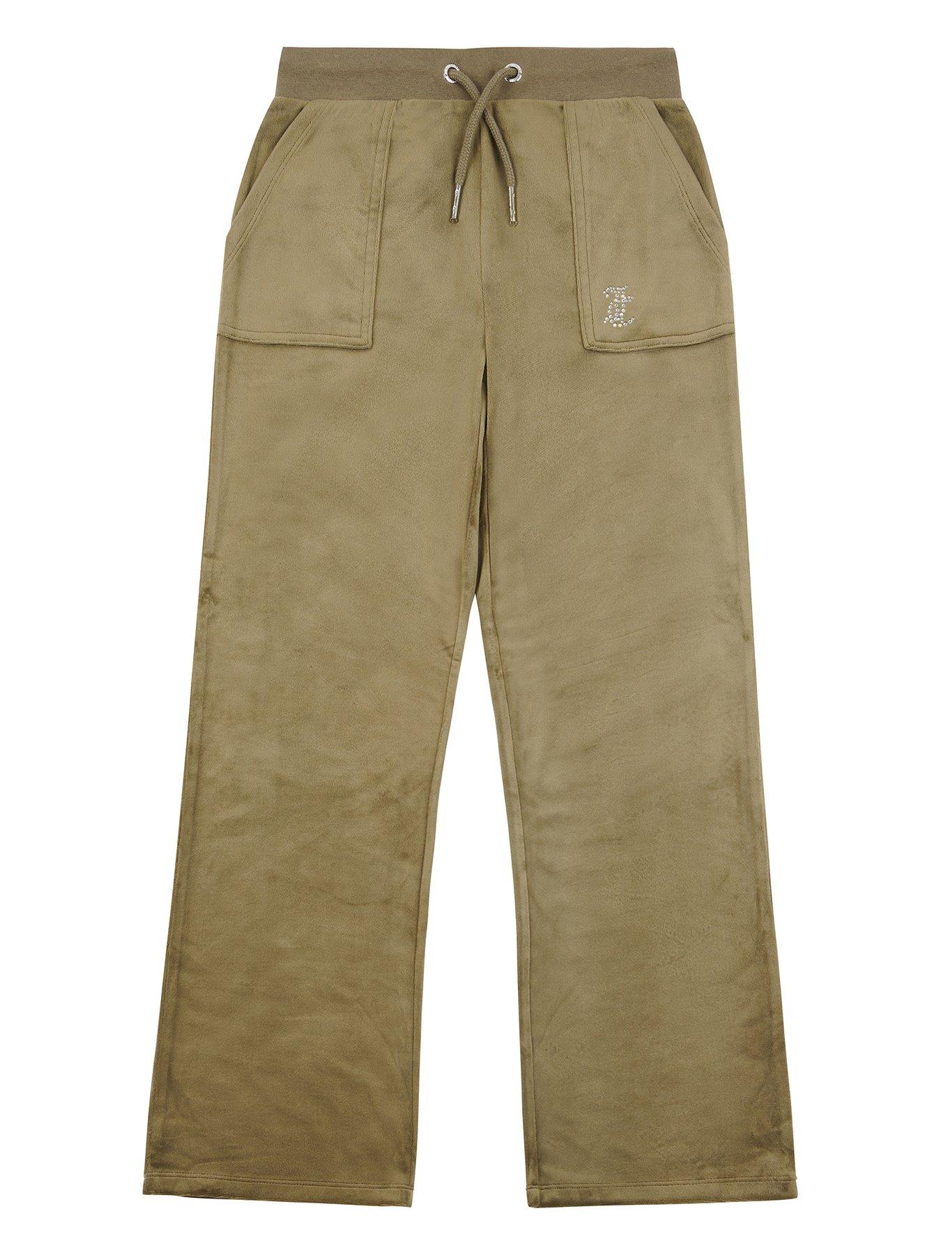 undefined Girls Mini Diamante Velour Wide Leg Jogger - Khaki