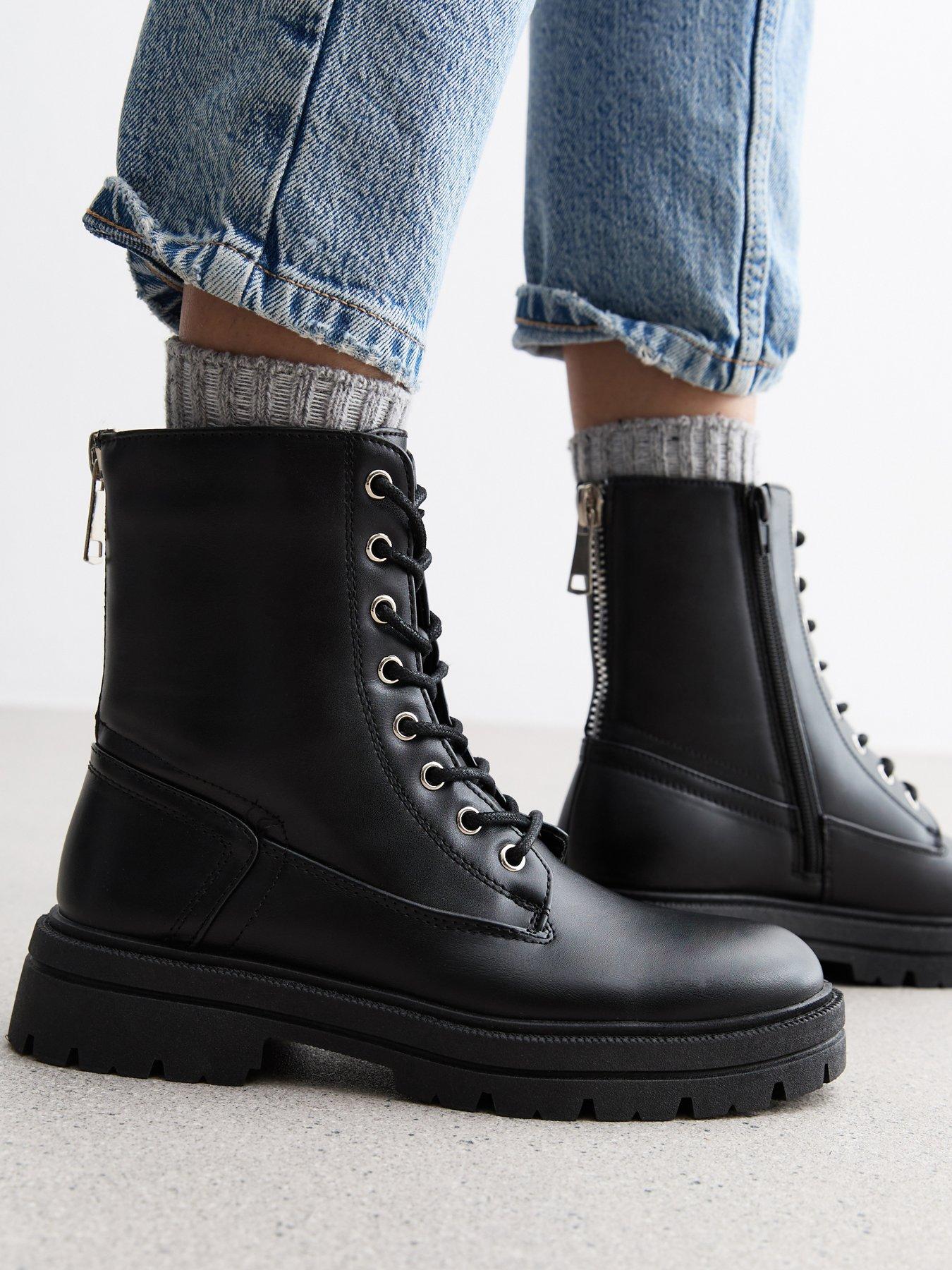 Black chunky lace up boots best sale