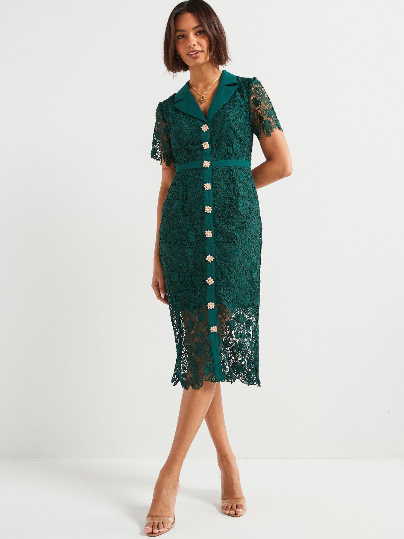 V by Very Guipure Lace Pencil Dress Green Very