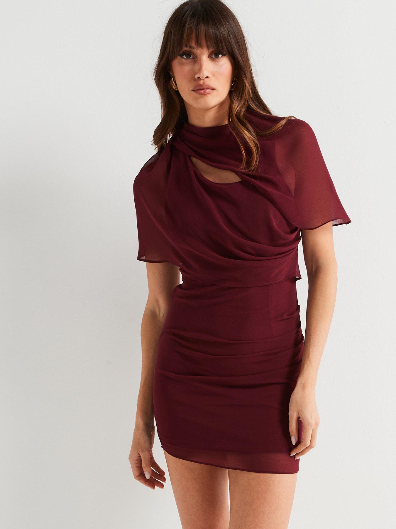 V by Very Ruched Drape Mini Dress Wine Very