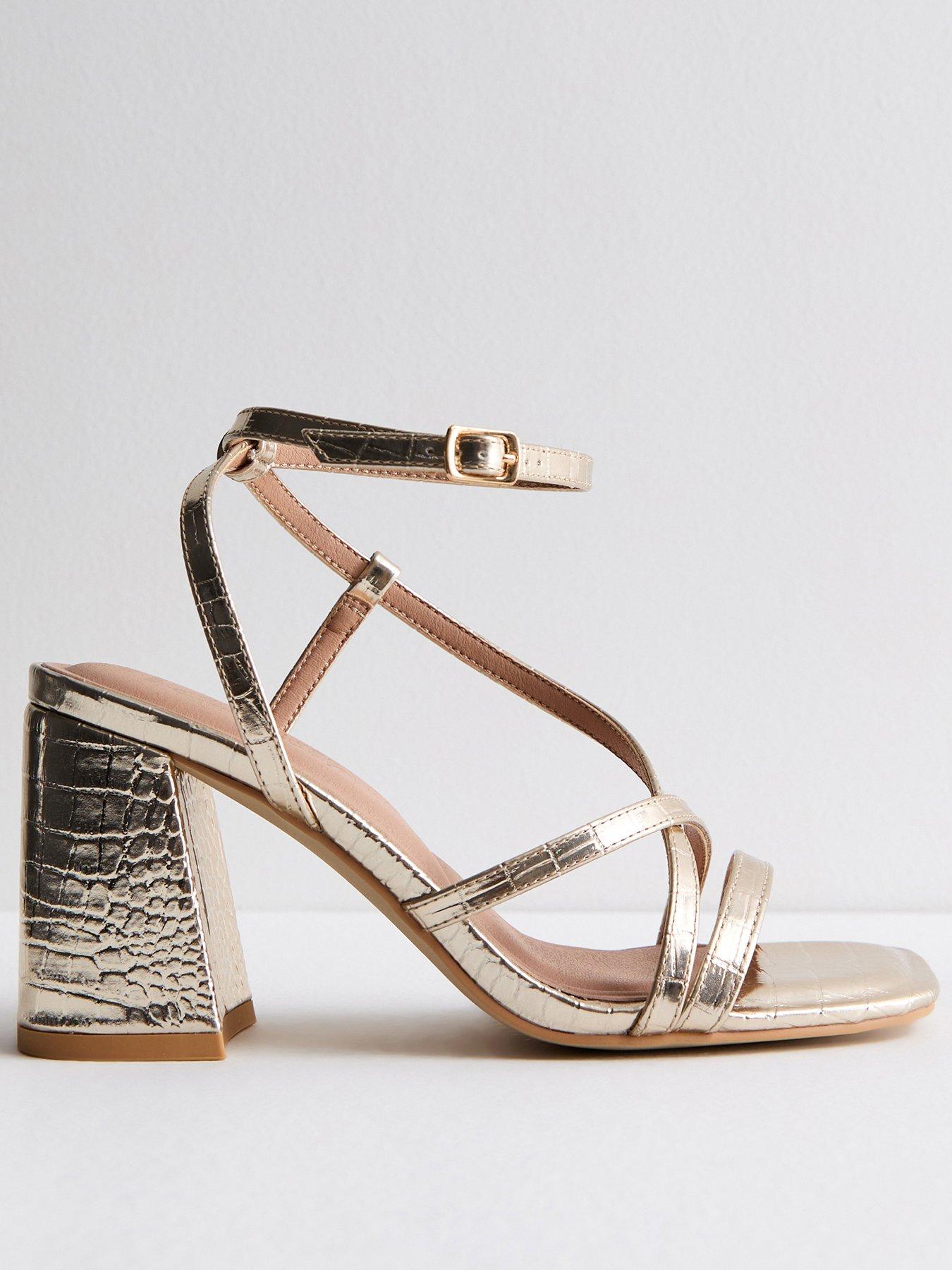undefined Wide Fit Gold Faux Croc Multi Strap Block Heel Sandals