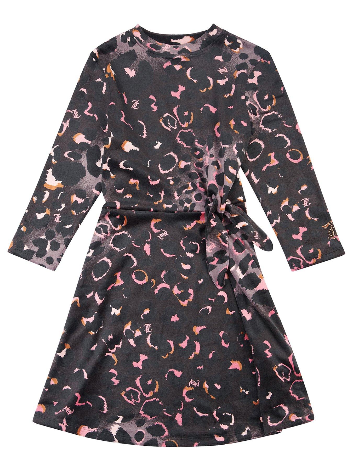 undefined Girls Leopard Print Velour Dress - Black