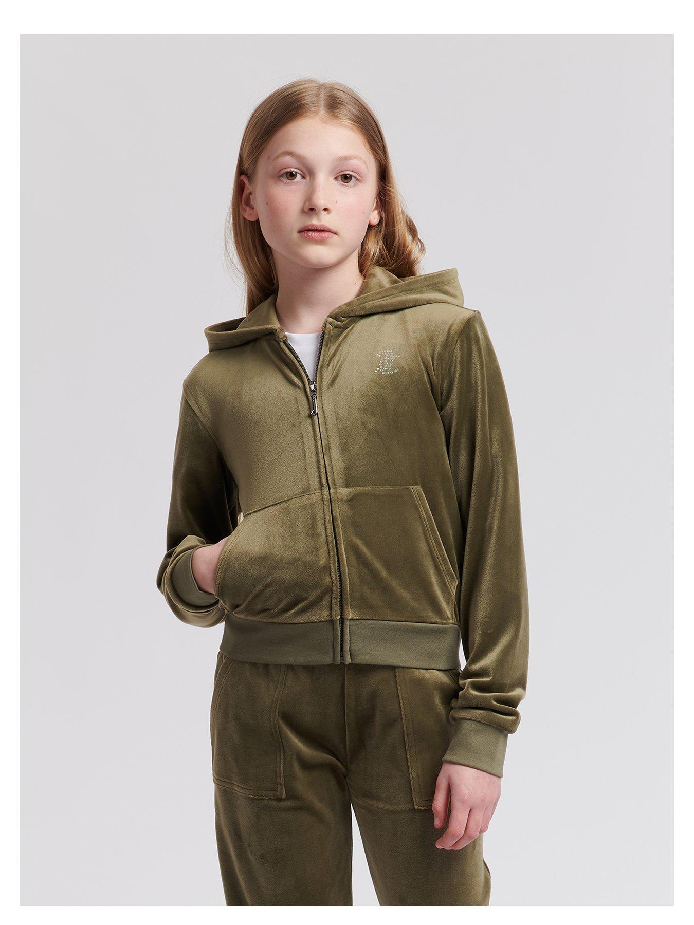 Juicy Couture Girls Mini Diamante Velour Zip Through Hoodie - Khaki