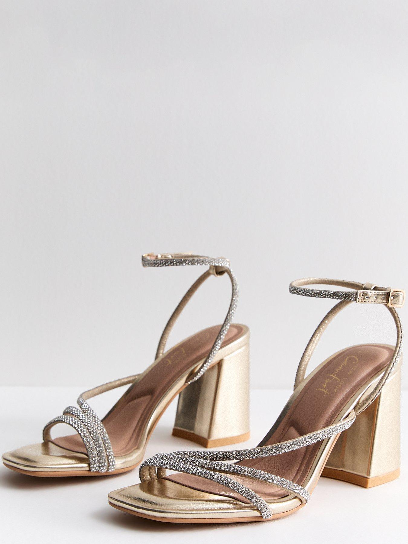 Gold Multi Strap Diamante Block Heel Sandals