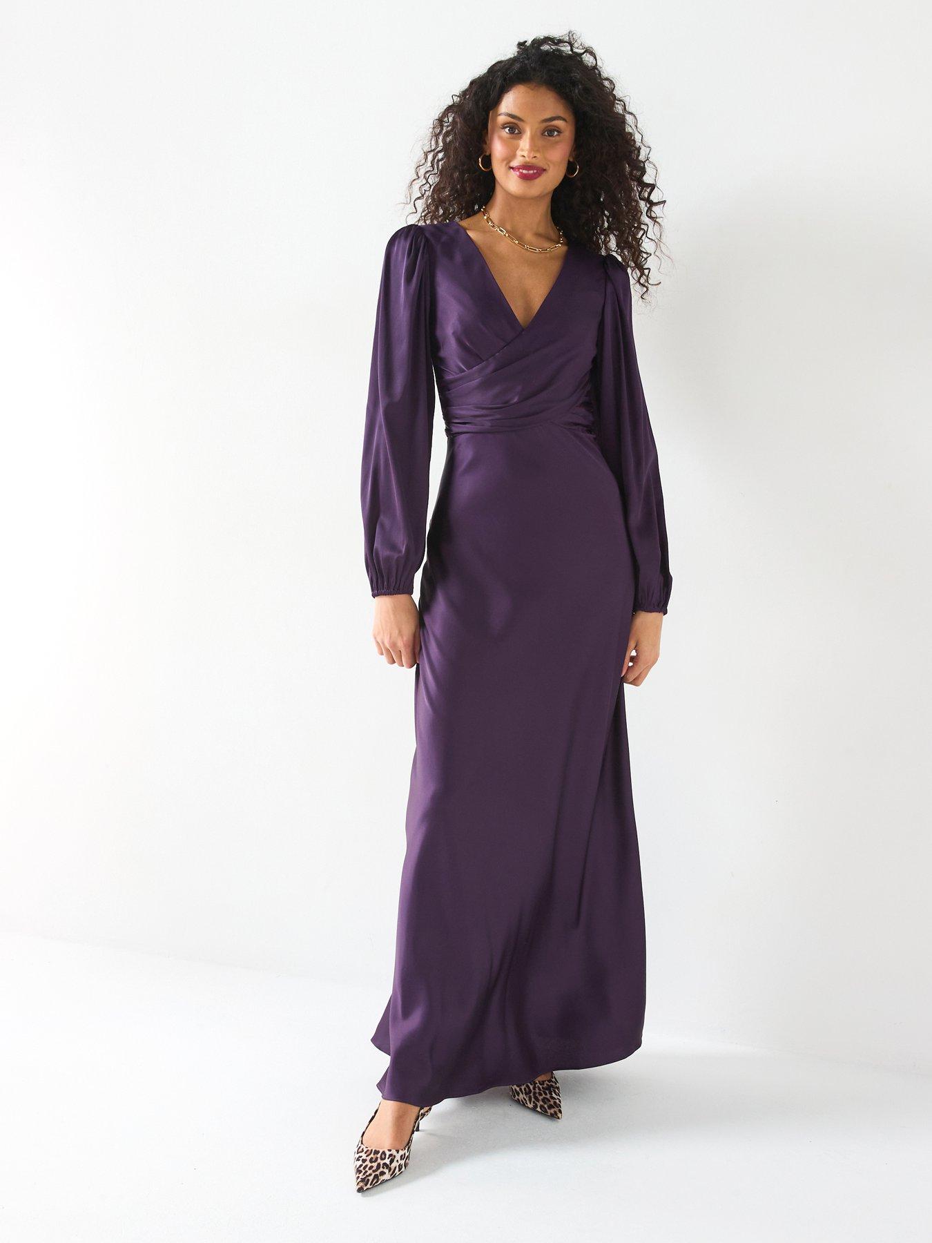 undefined Satin Wrap Column Midaxi Dress - Purple