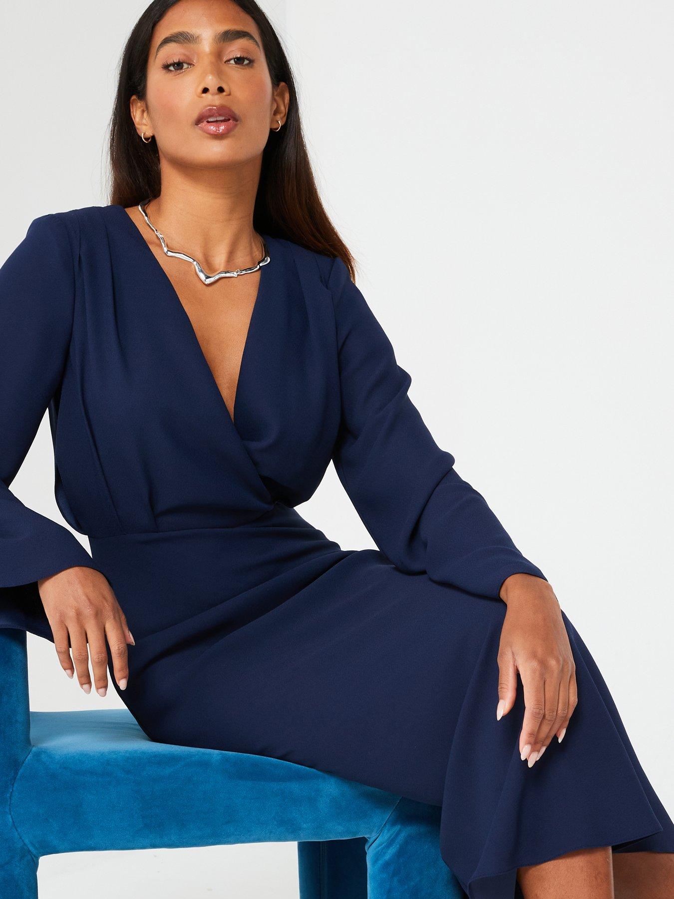 V by Very Fluted Sleeve Column Midi Dress Navy Very