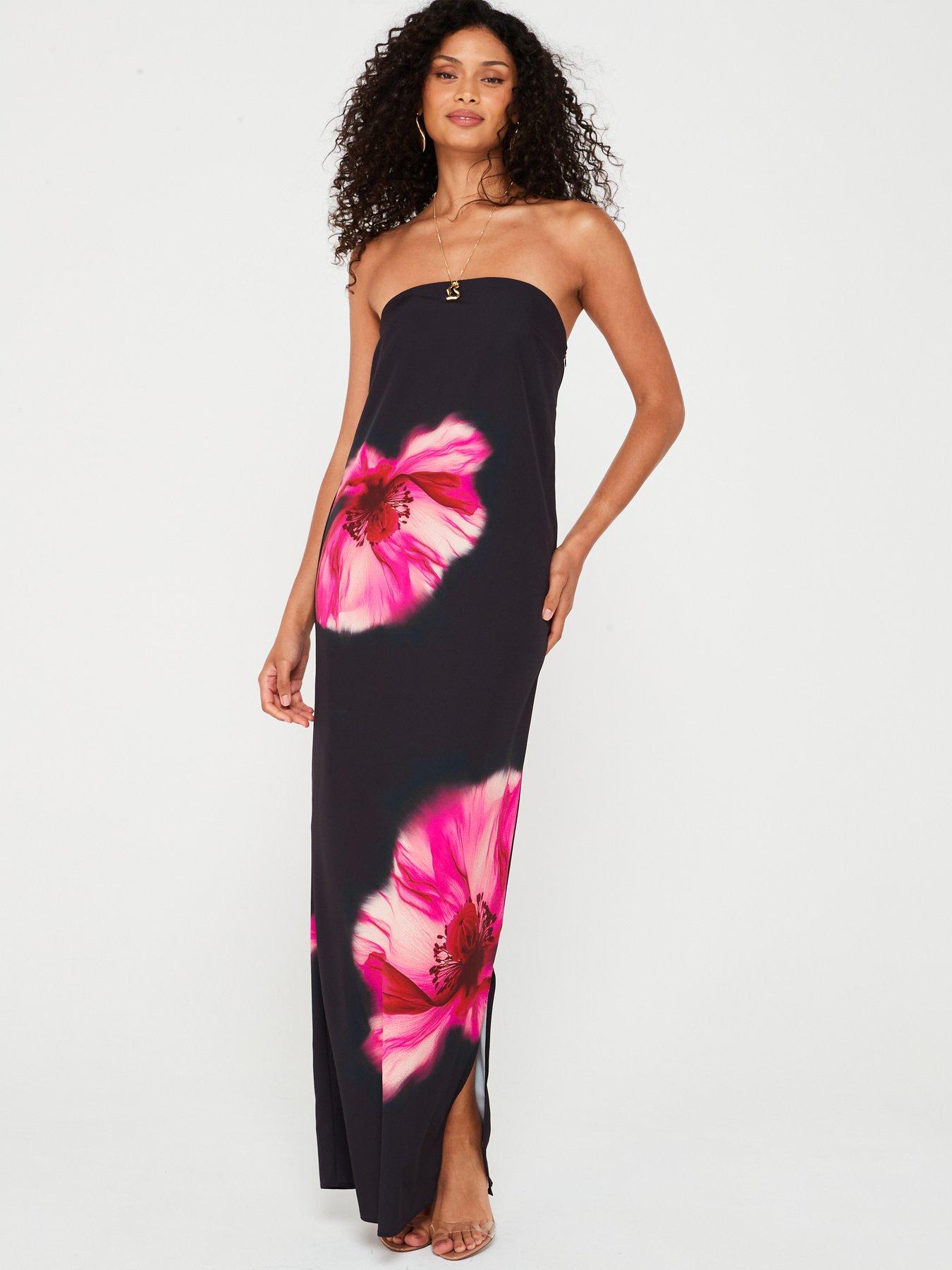 V by Very Floral Print Bandeau Maxi Dress Black/Pink Very