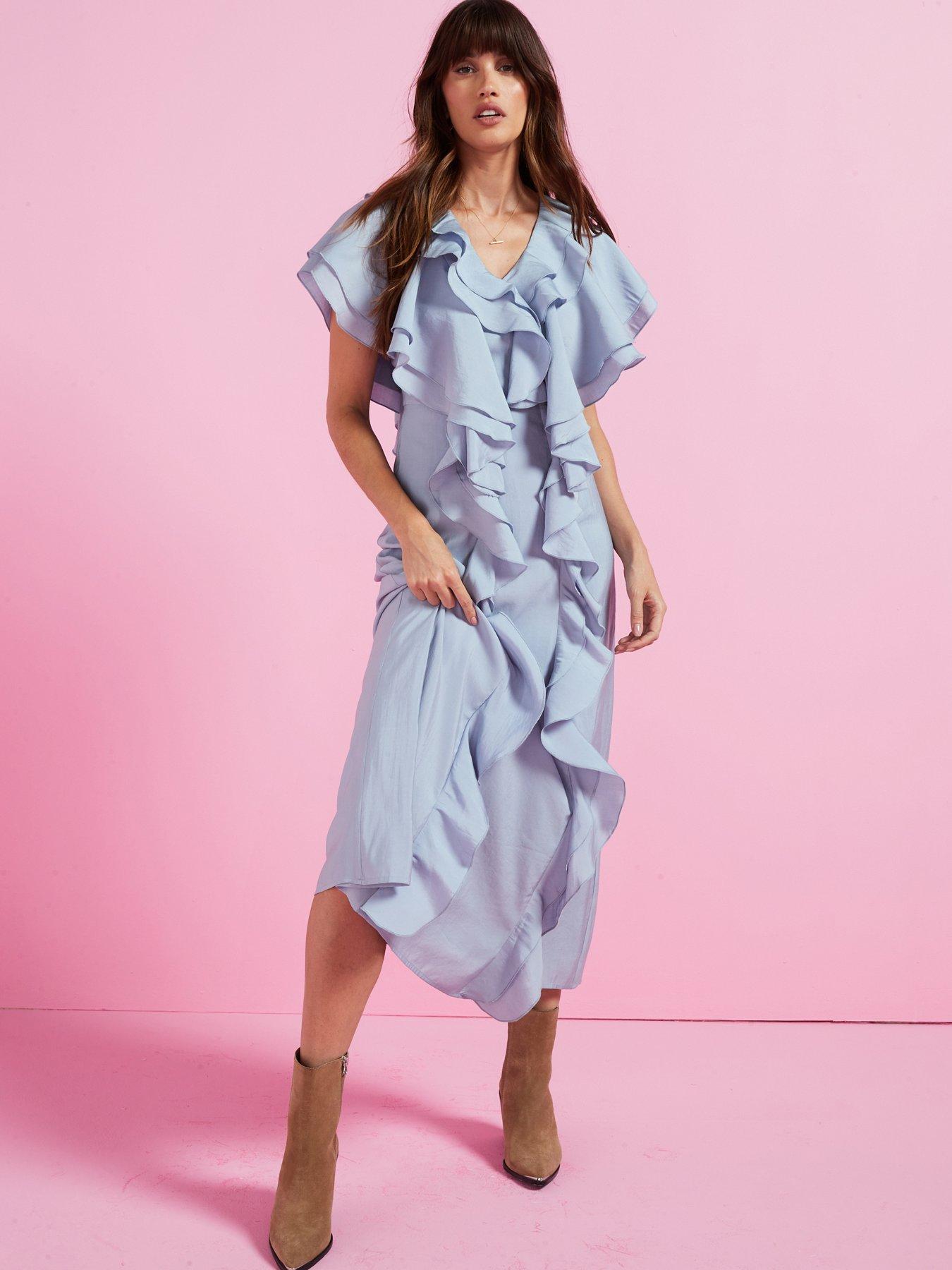 Image 1 of 6 of V by Very Soft Ruffle V Neck Midaxi Dress - Blue