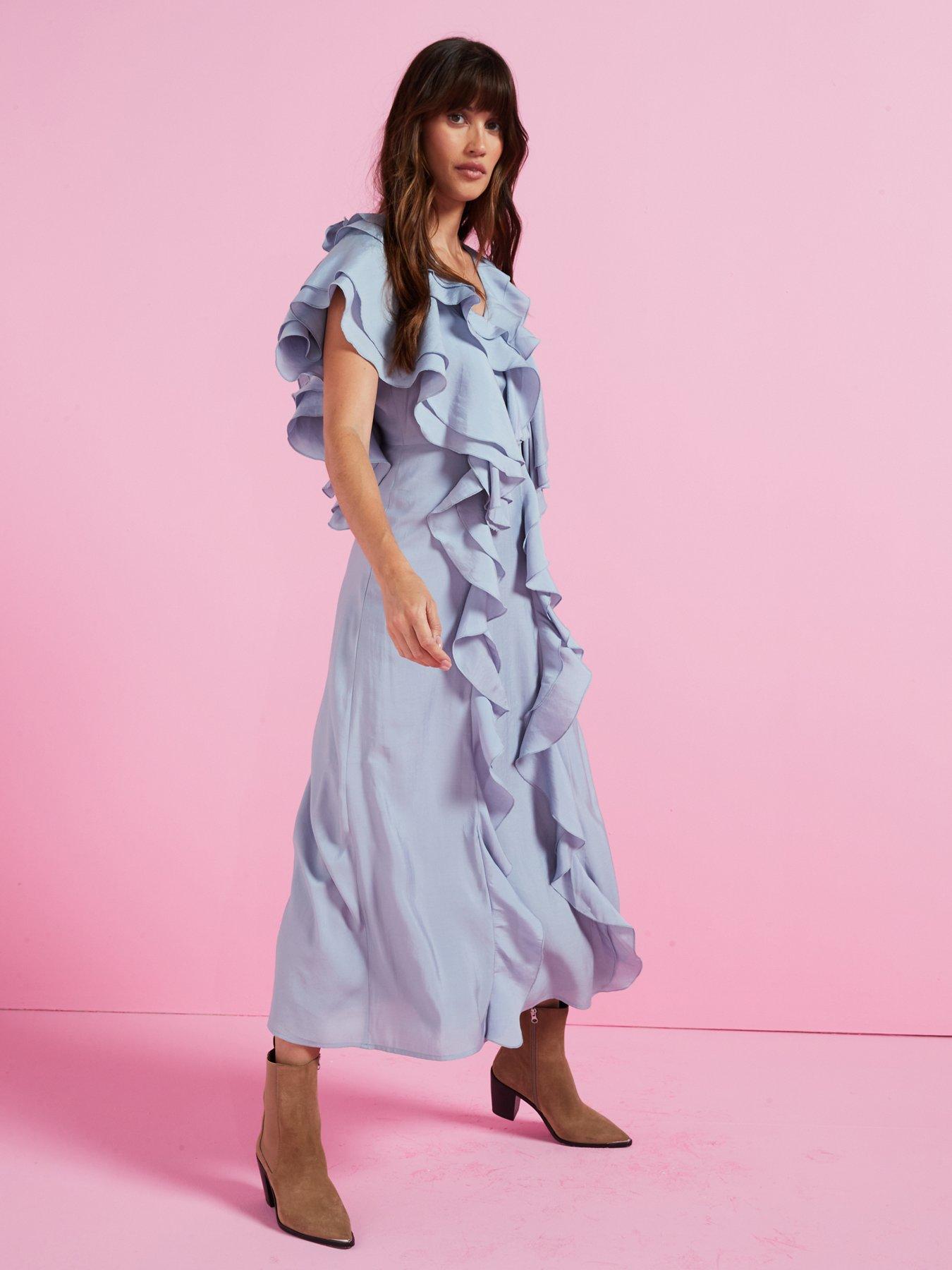 Image 4 of 6 of V by Very Soft Ruffle V Neck Midaxi Dress - Blue