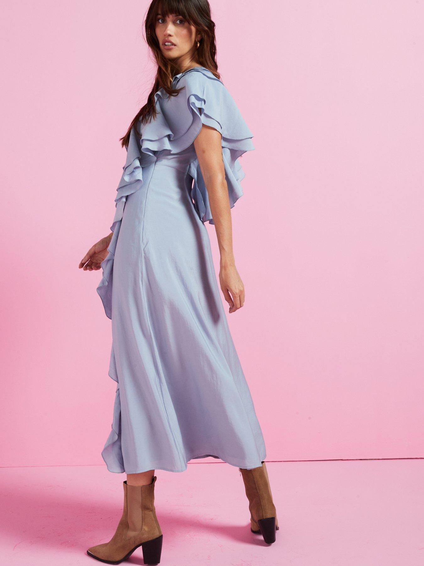 V by Very Soft Ruffle V Neck Midaxi Dress - Blue | Very