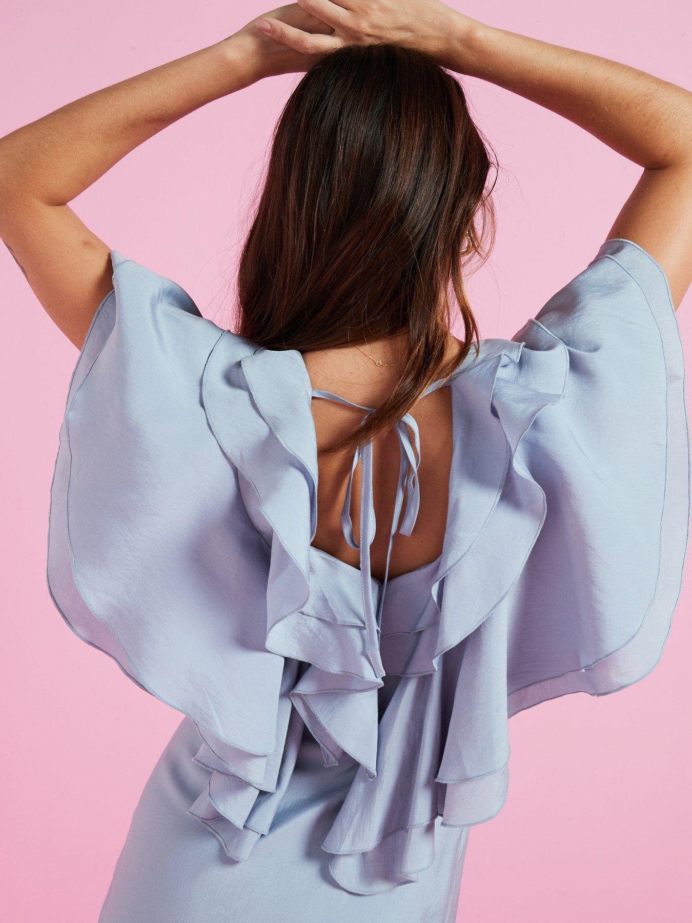 Image 6 of 6 of V by Very Soft Ruffle V Neck Midaxi Dress - Blue