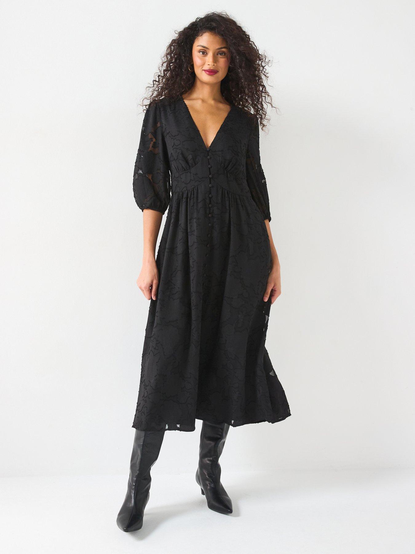 undefined Burnout Button Through Midi Dress - Black