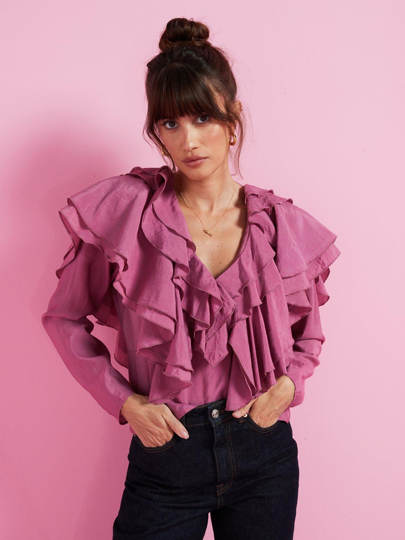 Pink ruffle blouse on sale