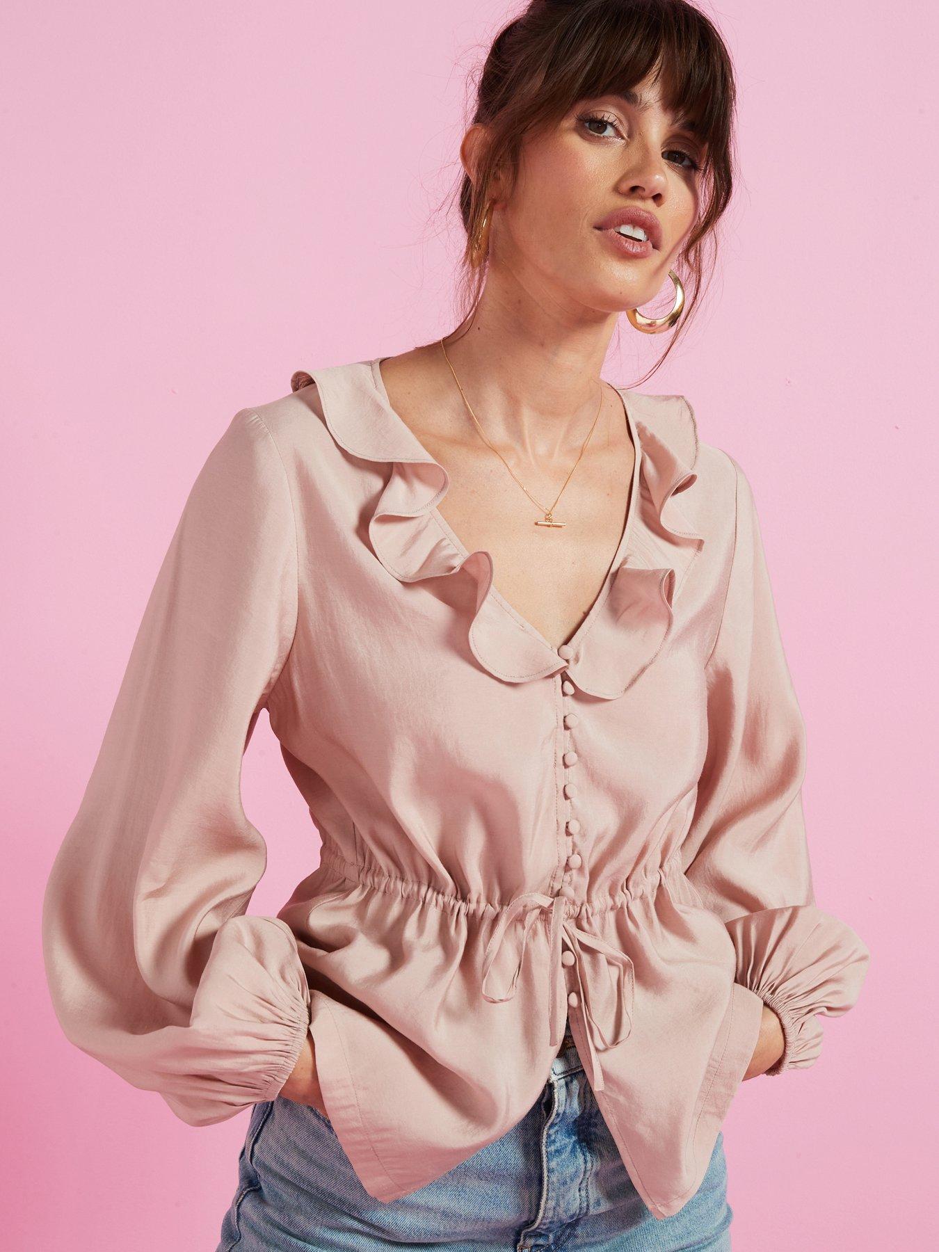 undefined Tie Waist Ruffle Neck Blouse - Pink