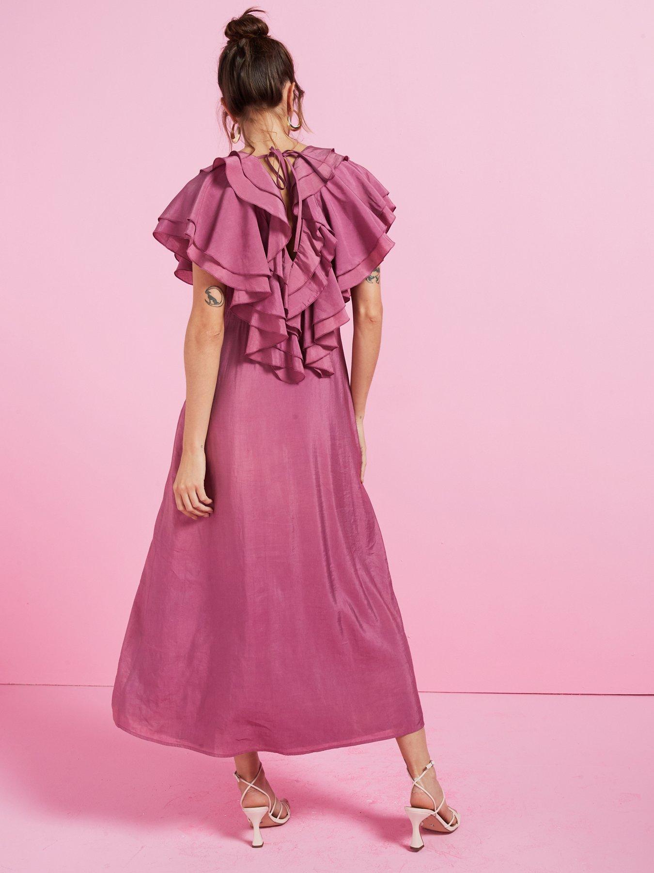 v by very pink dress V by Very Soft Ruffle V Neck Midaxi Dress - Pink
