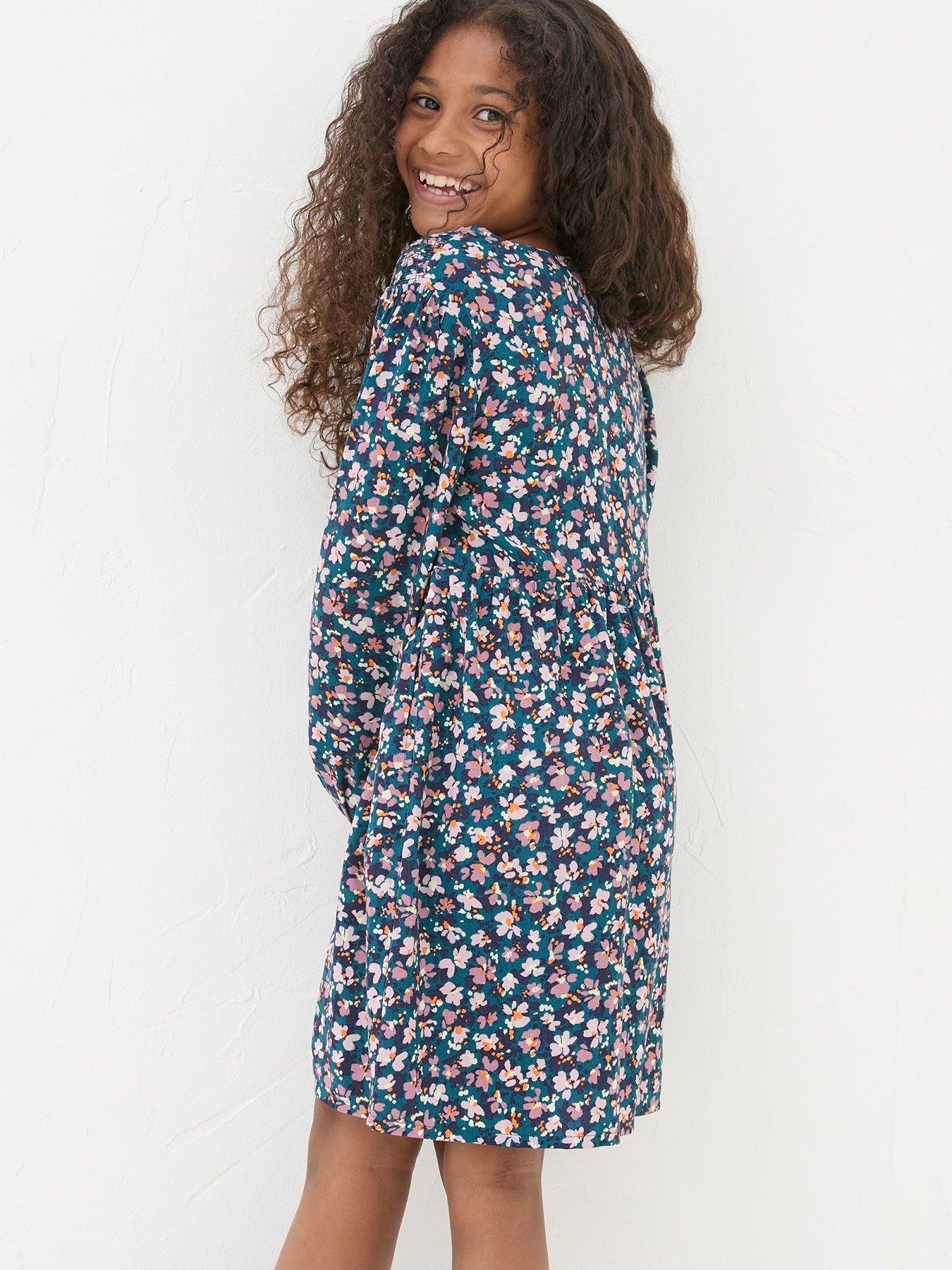 FatFace Girls Rhea Floral Printed Dress - Dark Teal Blue | Very