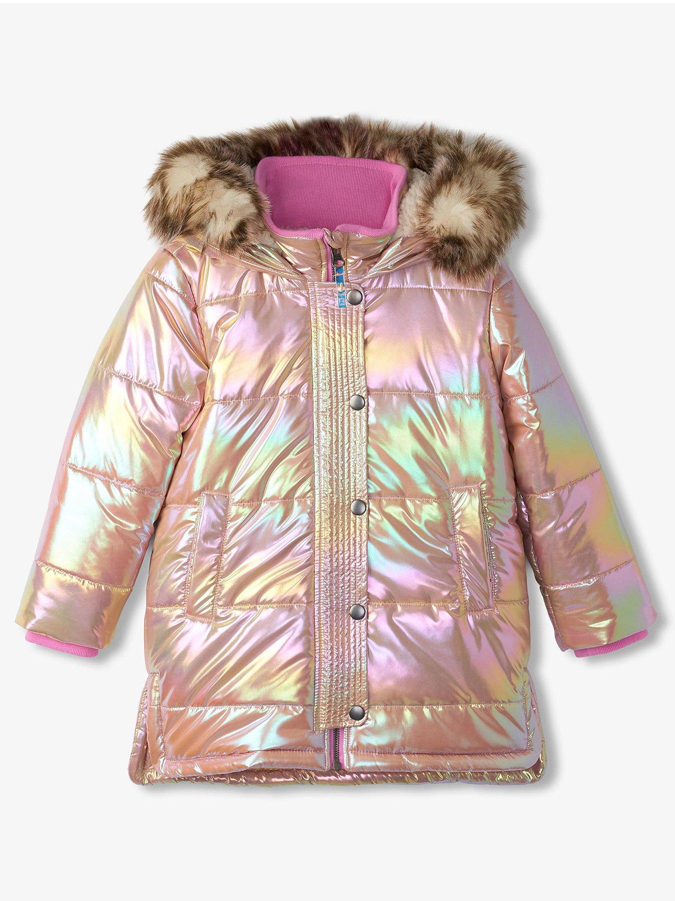 Girls 3 4 Length Sherpa Lined Irridescent Parka Coat Pink