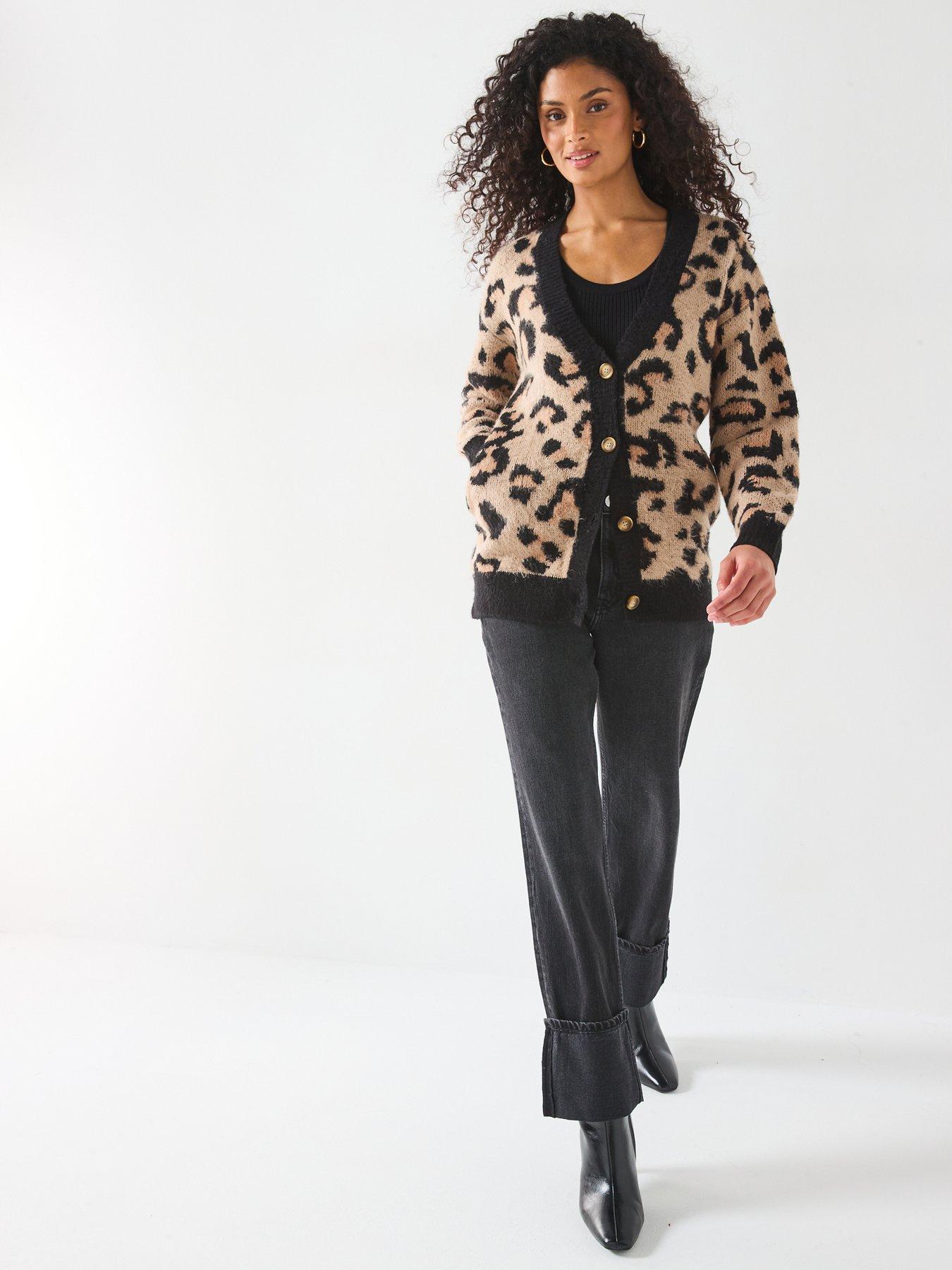 Original Leopard With Pocket V-Neck Long Sleeves Knitted Cardigan Outwear