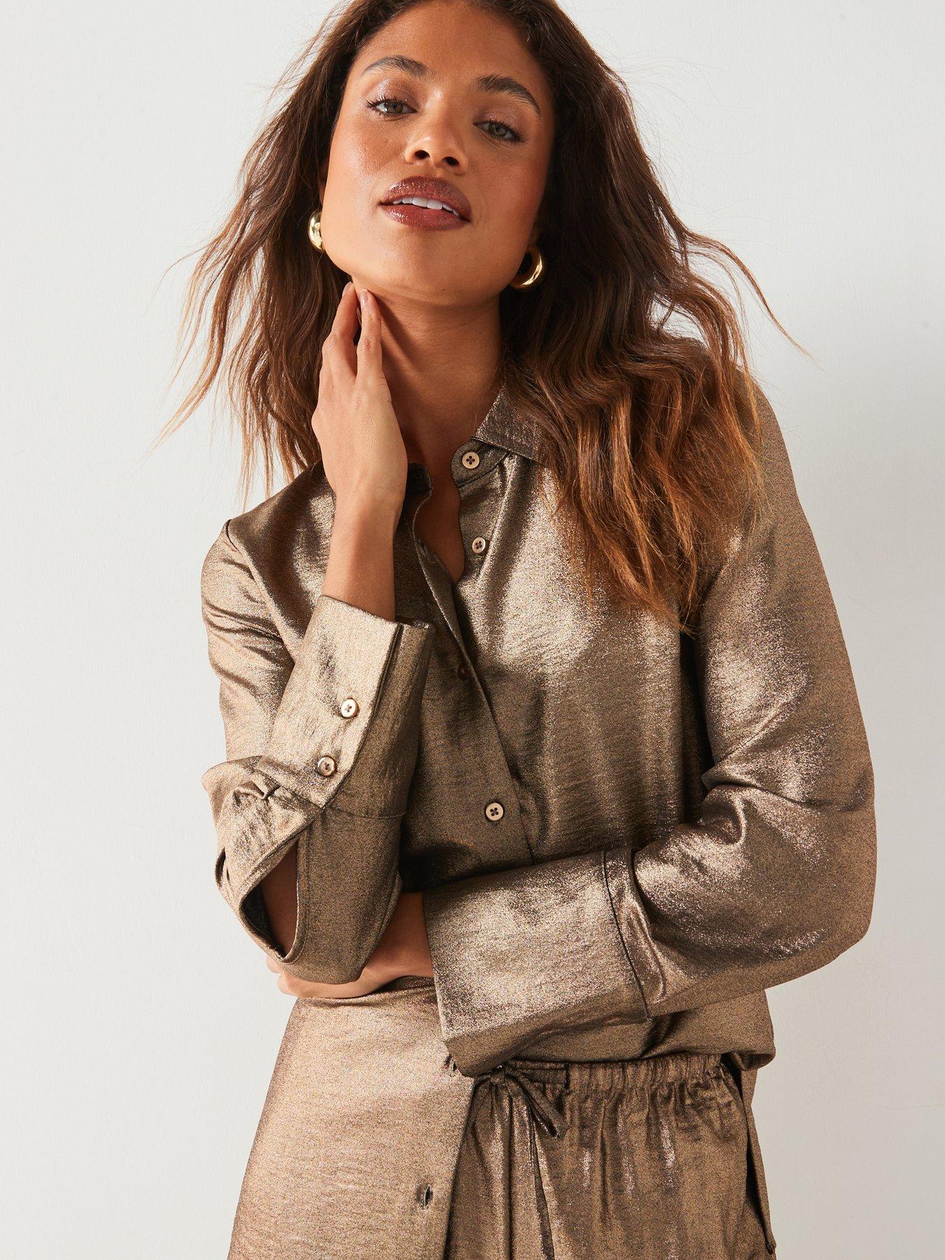 undefined Metallic Longline Co-Ord Shirt - Gold