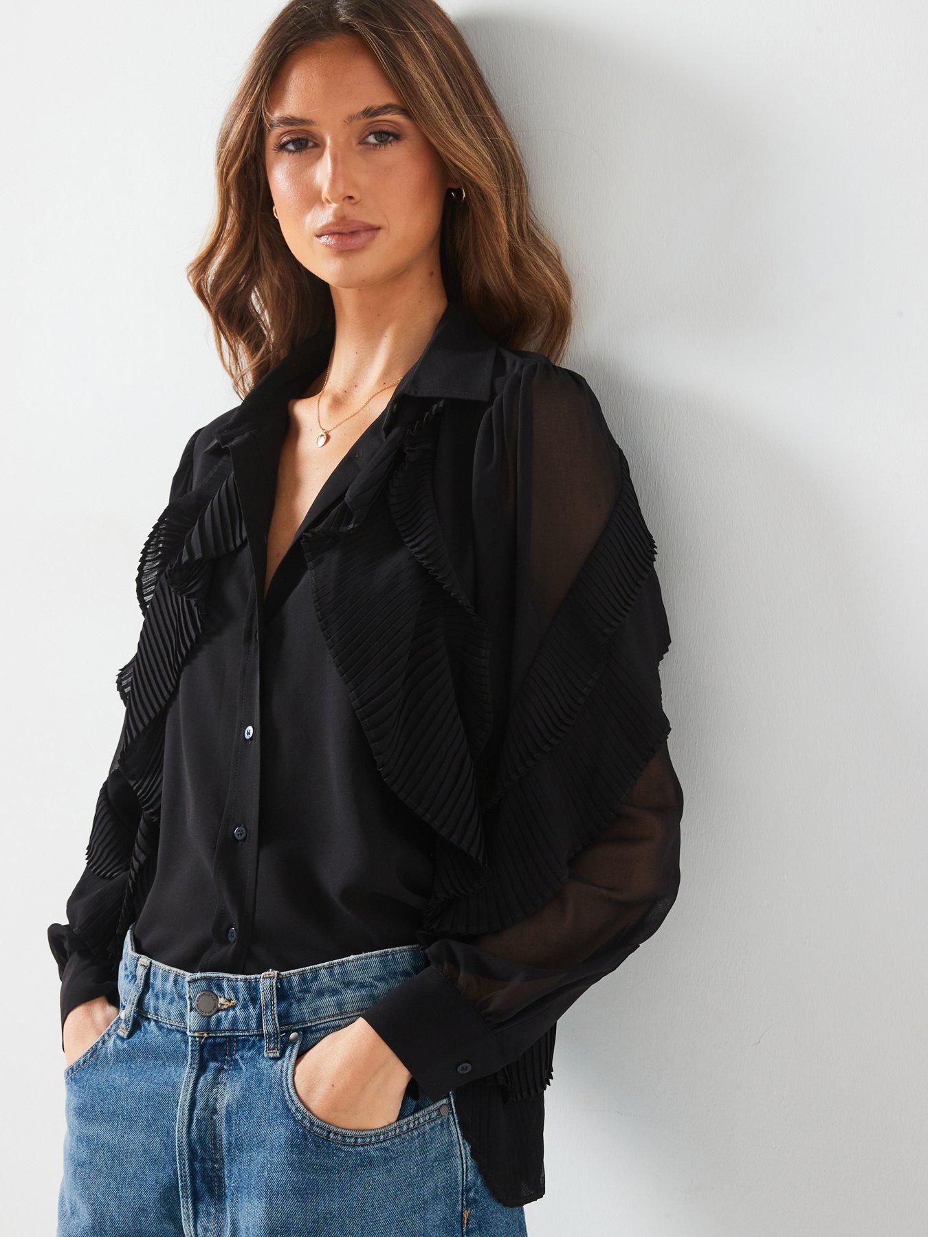undefined Pleated Ruffle Longline Shirt - Black