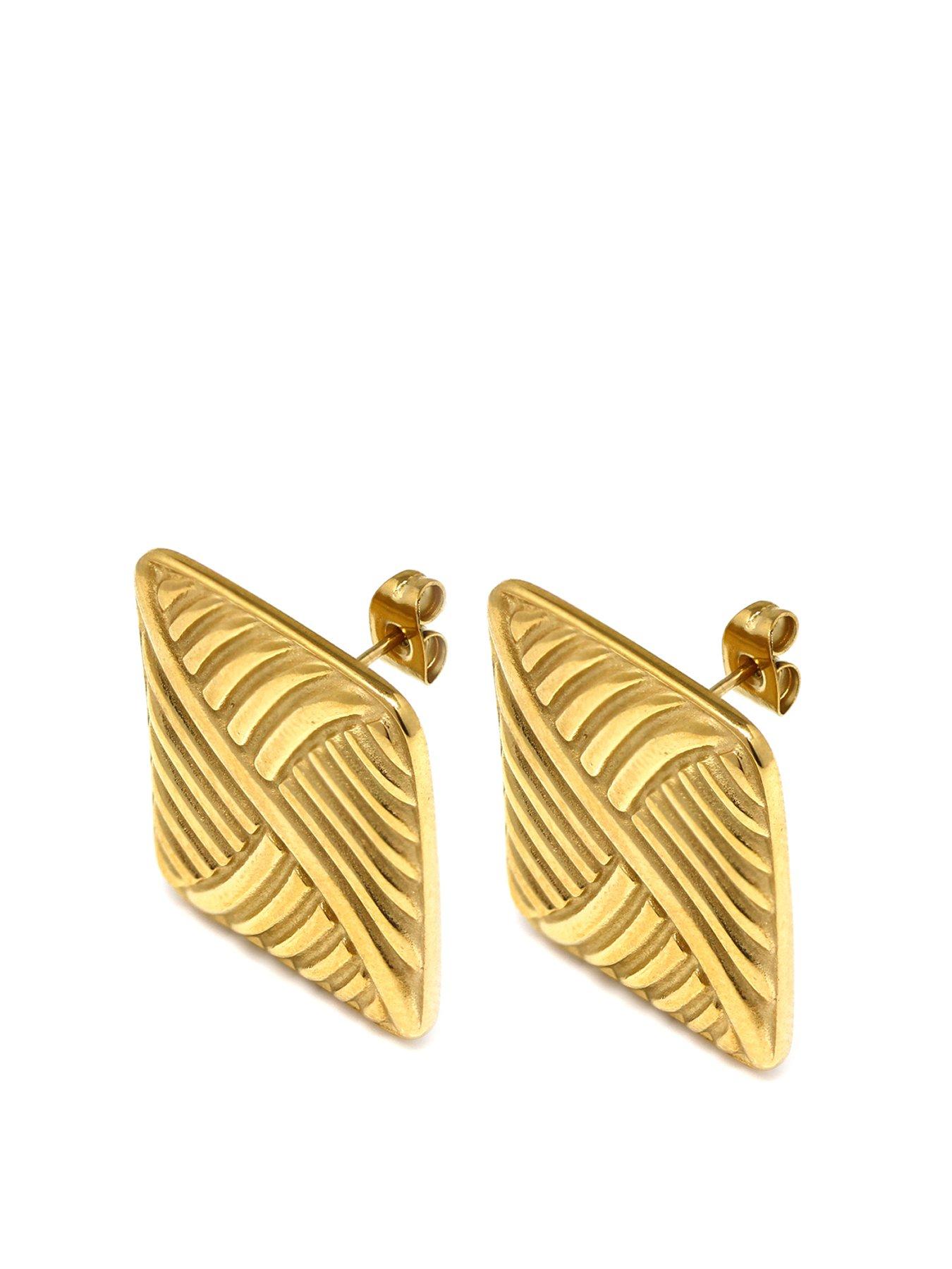 Product photograph of Say It With Ribbed Rectangle Stud Earrings - Yellow Gold from very.co.uk