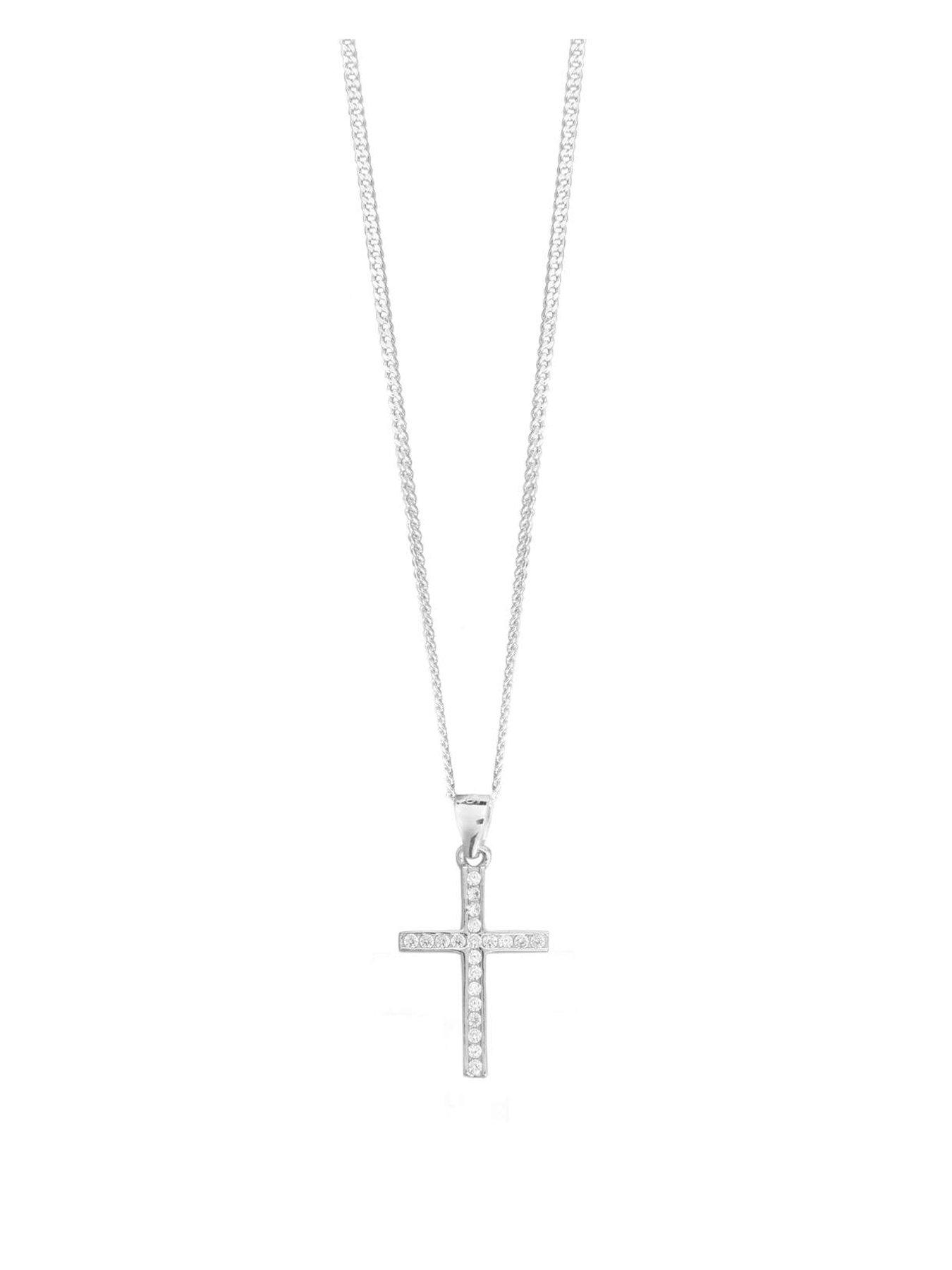 Product photograph of Say It With Mini Cross Necklace - Sterling Silver With Cz Stones from very.co.uk