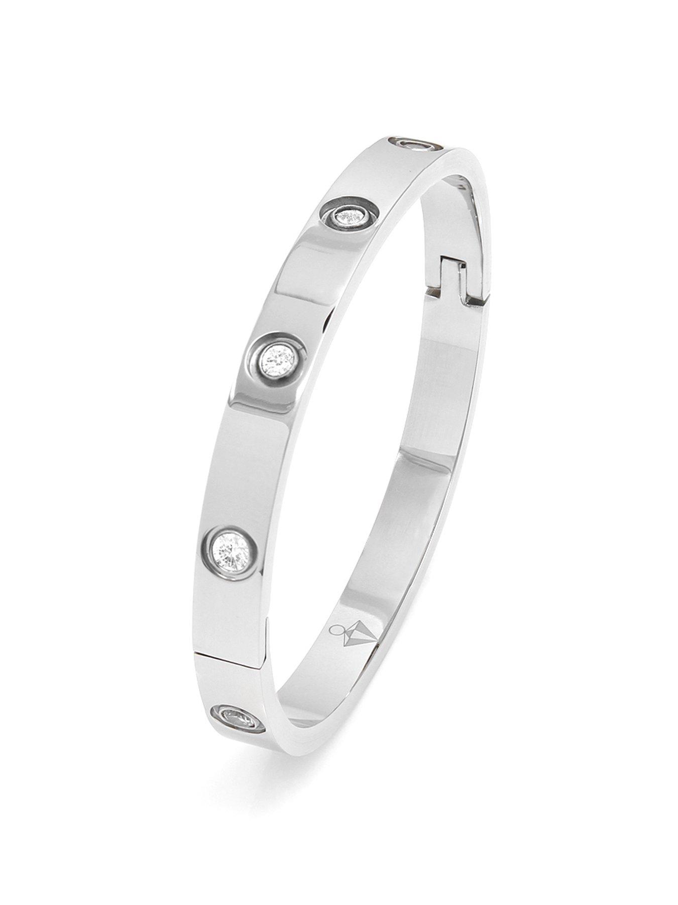 Product photograph of Say It With Junior Stone Hinged Bangle - Stainless Steel Silver from very.co.uk