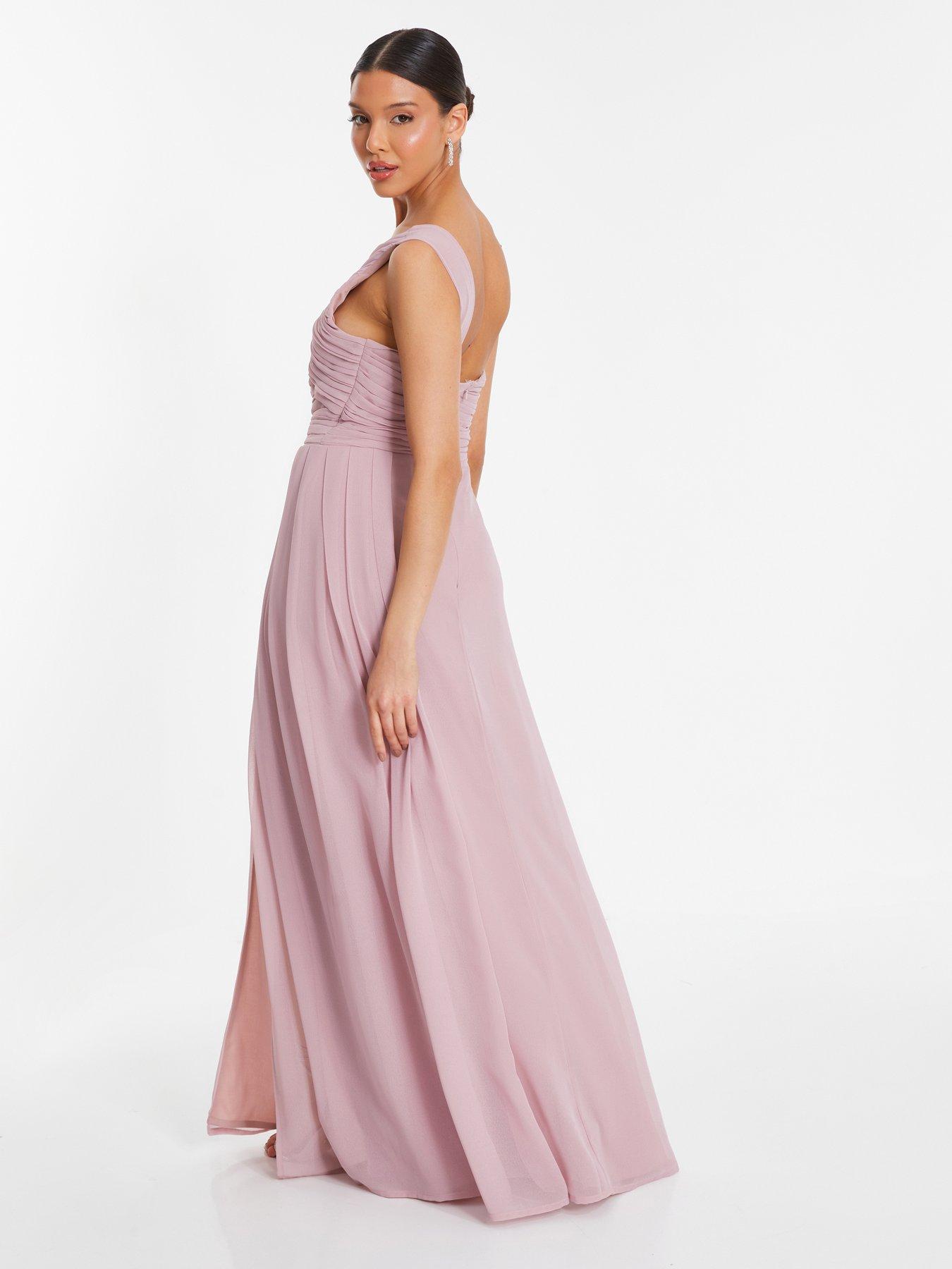One Shoulder Chiffon Maxi Dress with Cascade Skirt Candy Pink