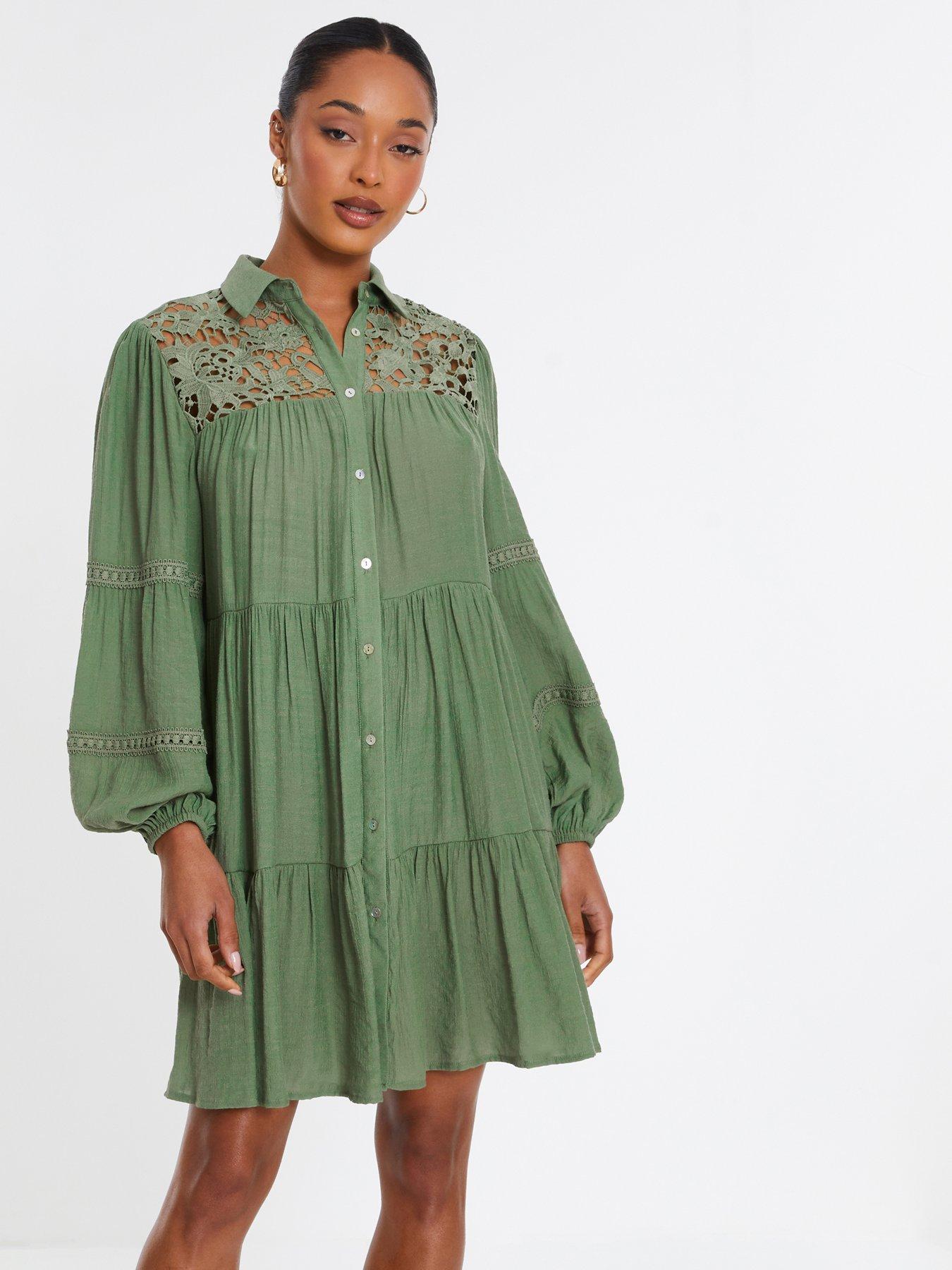 Image 1 of 6 of Quiz Khaki Crochet Mini Shirt Dress